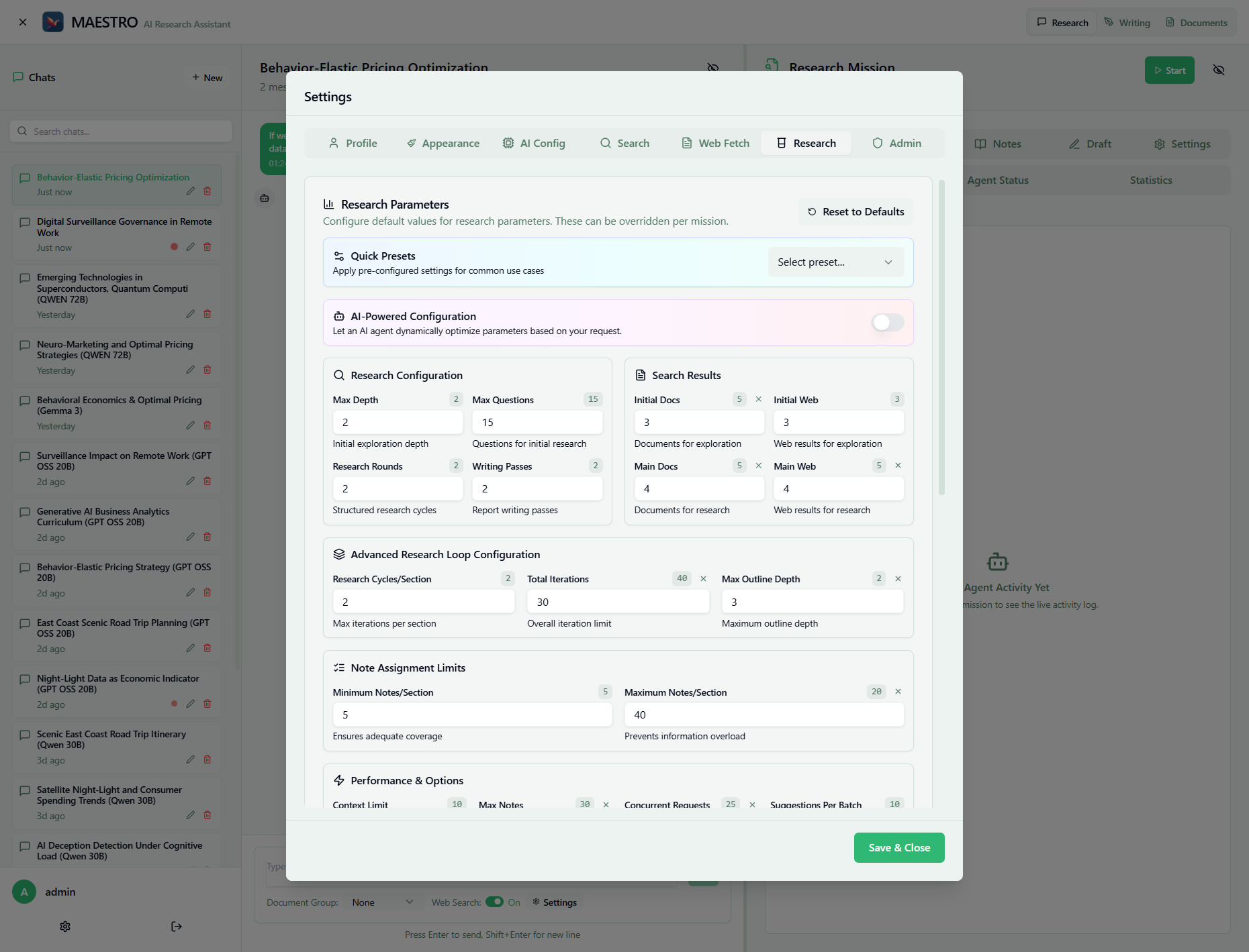 Research Configuration Interface