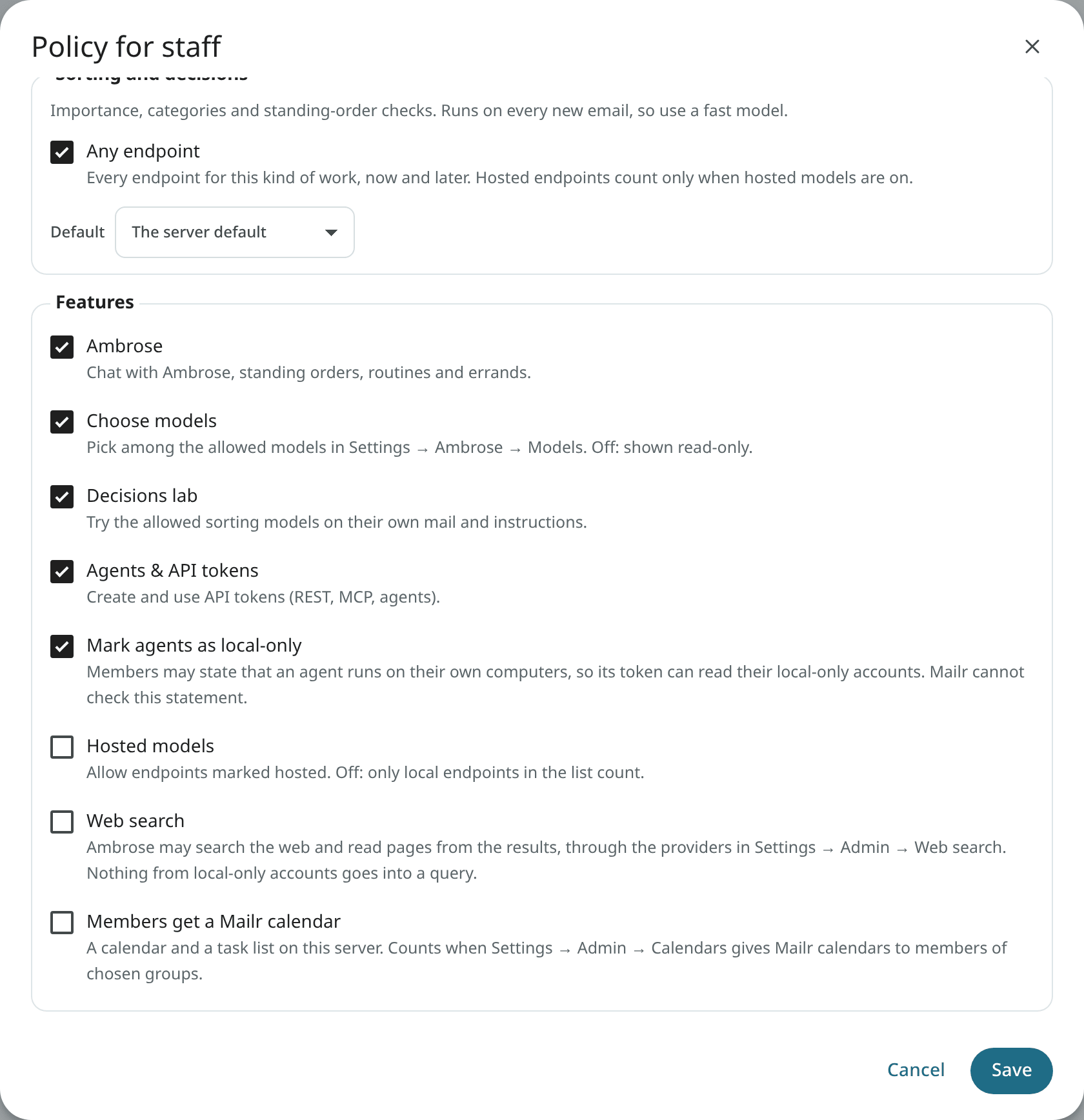 The policy dialog for the group staff, with its switches