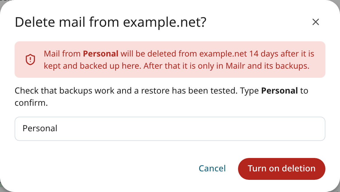 Turning on deletion at the provider for an account where Mailr keeps the mail