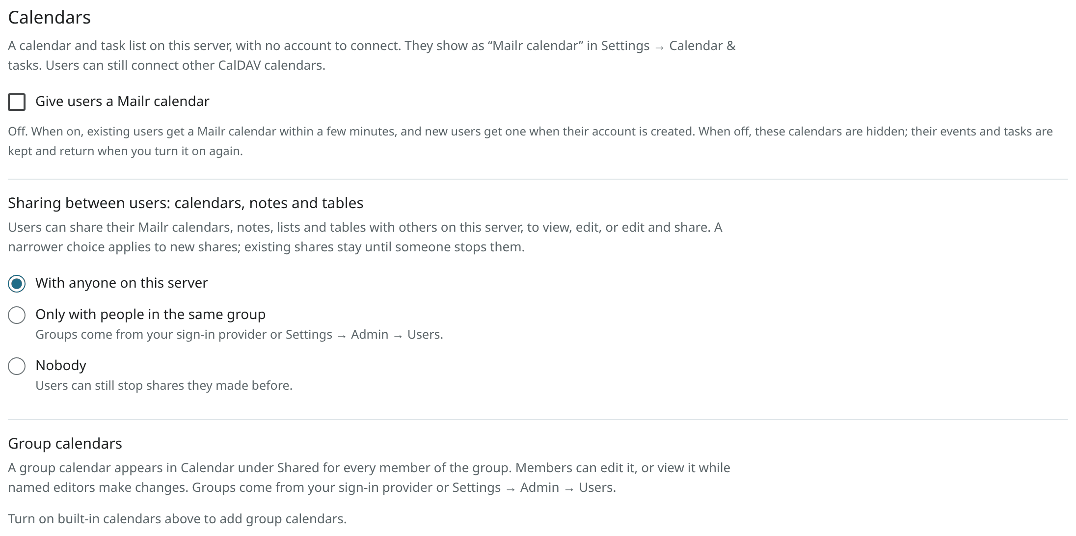 The Calendars section of the Admin settings