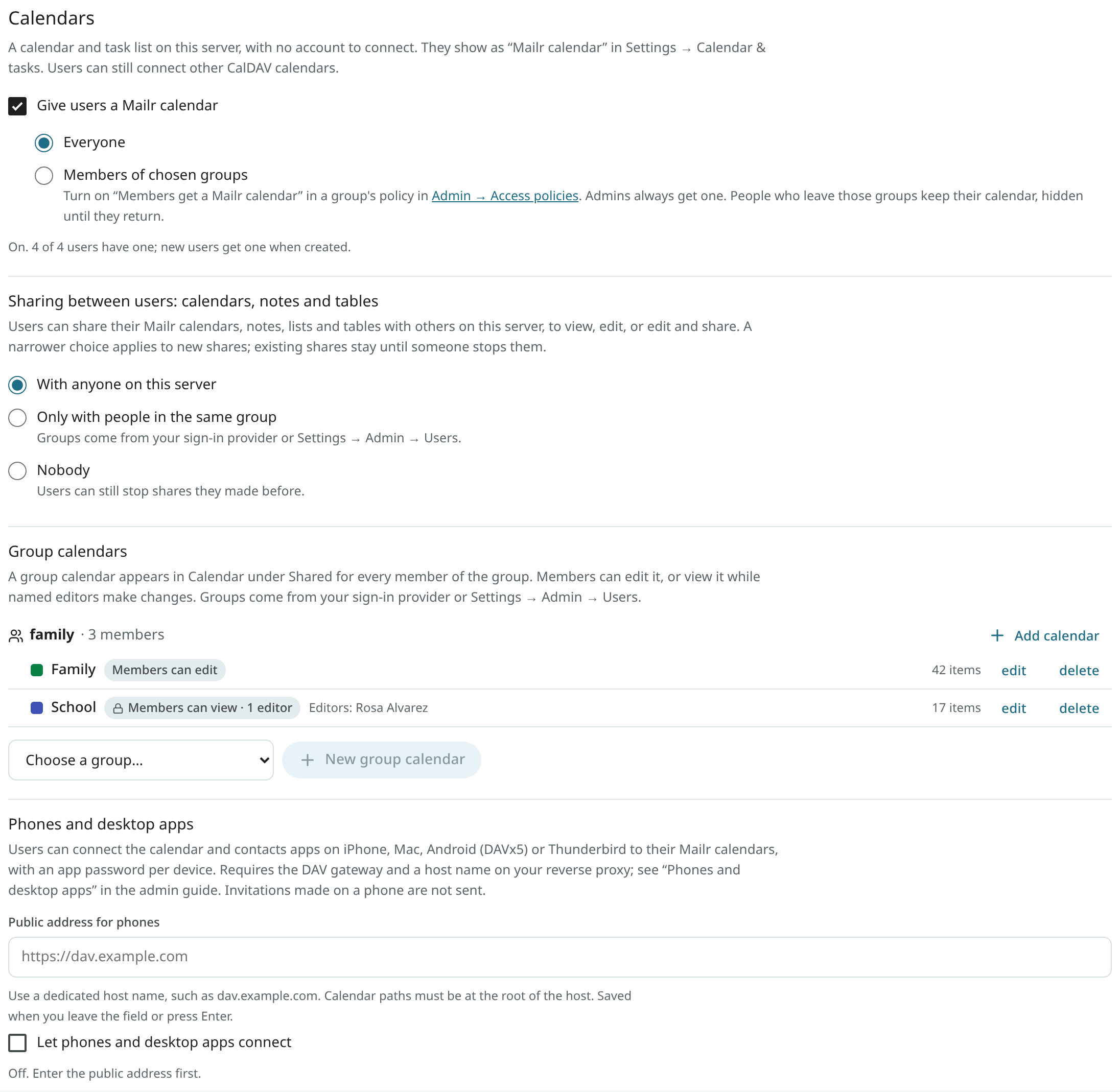 Sharing between users and group calendars in the Calendars section of the Admin settings
