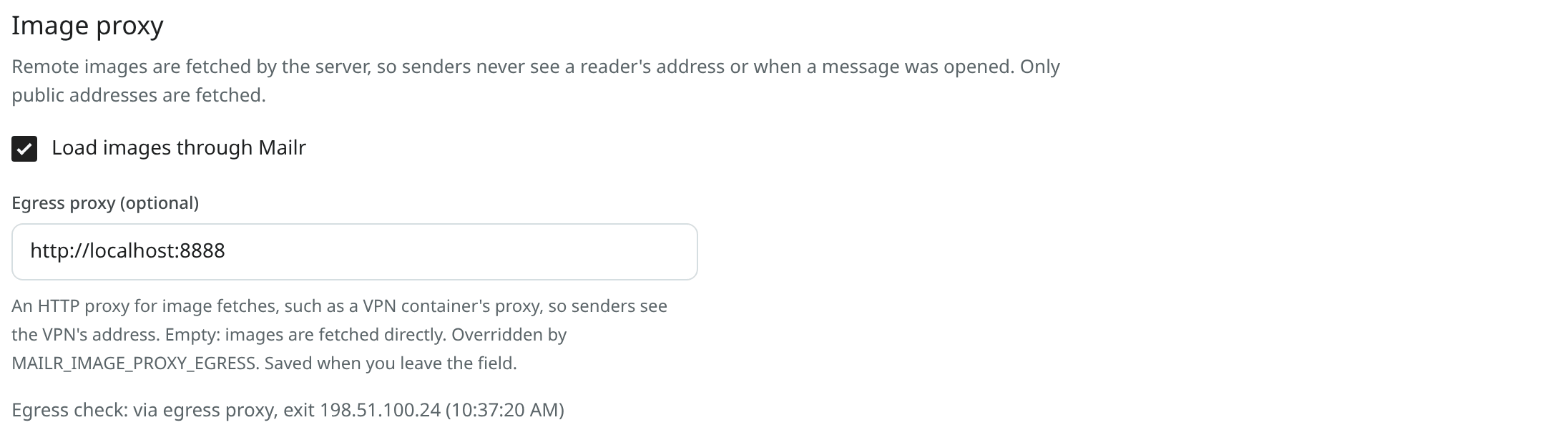 The Image proxy section of the Admin settings