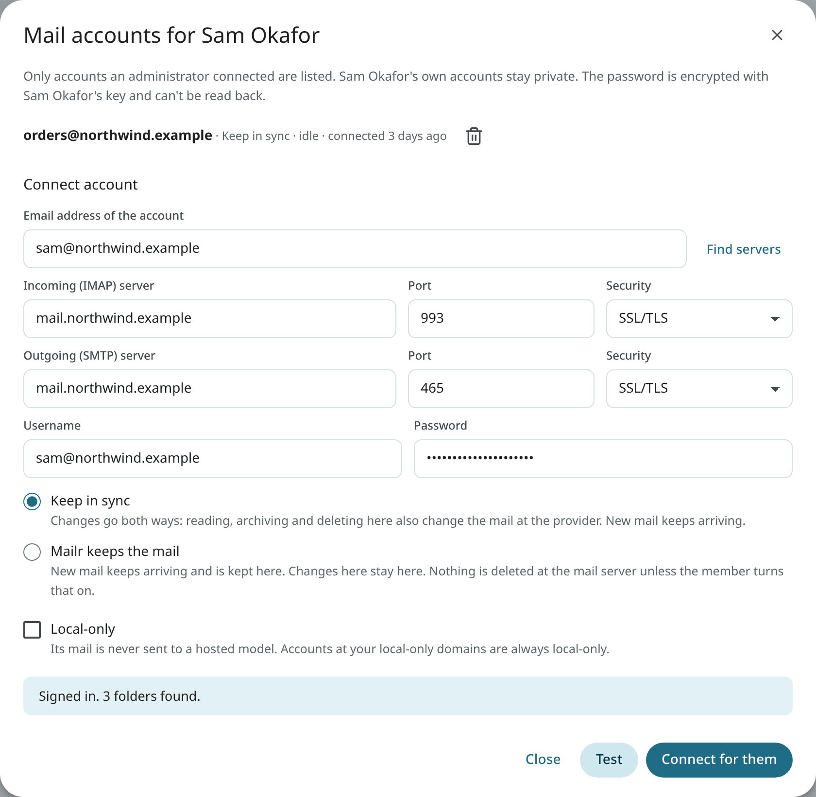 The mail accounts dialog for a member
