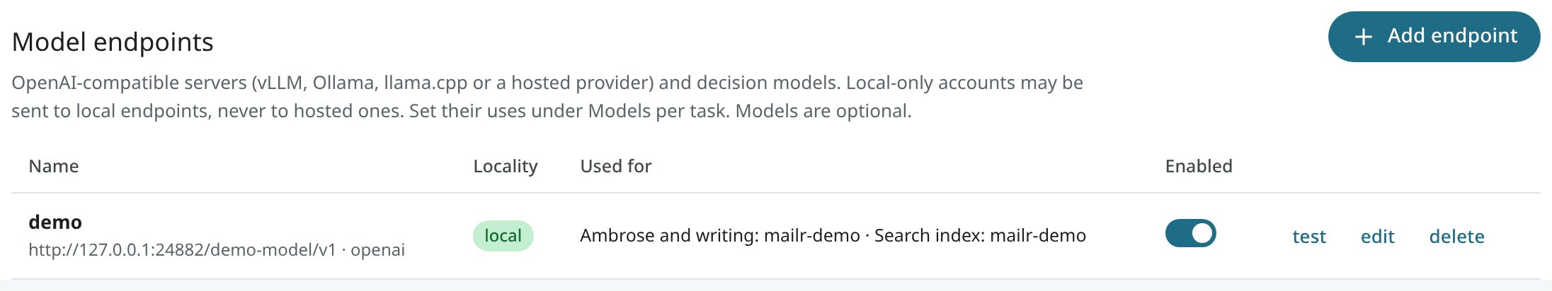 Model endpoints in the Admin settings