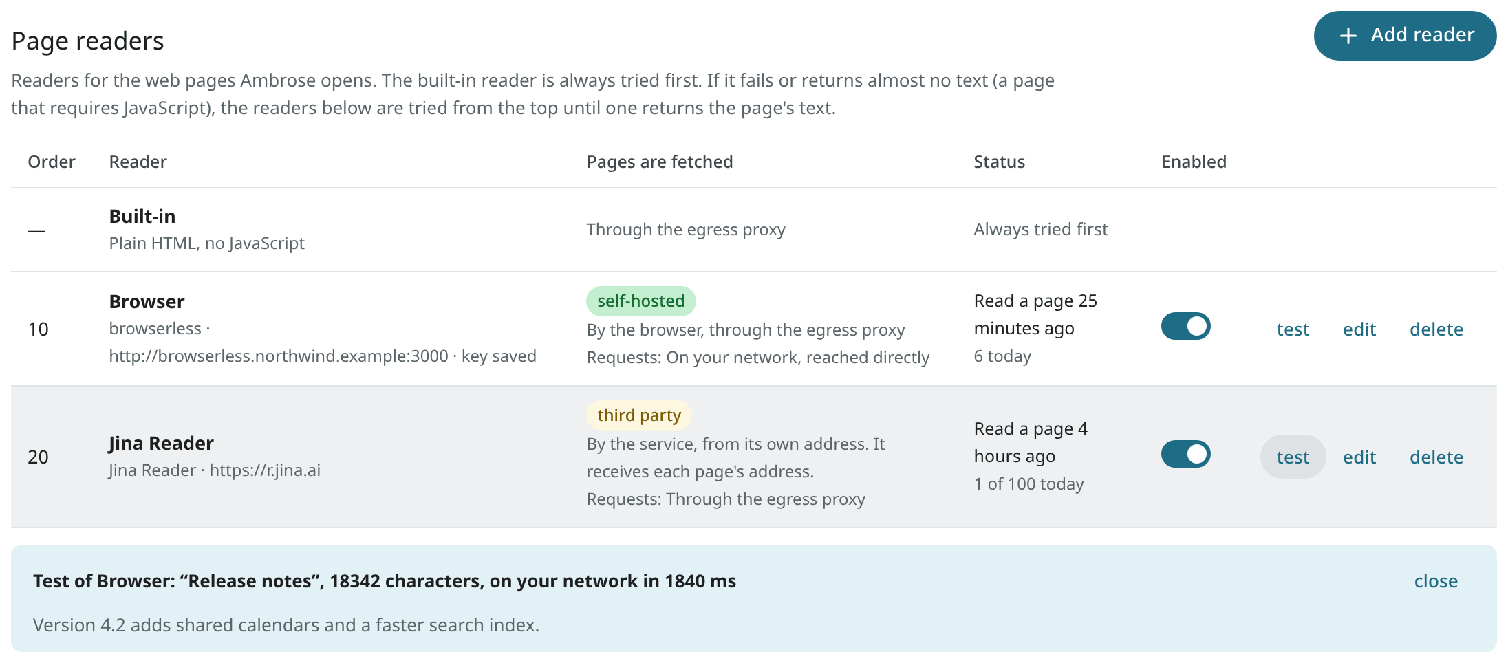 The Page readers section: the built-in reader first, then a browserless on the local network and Jina Reader on the internet