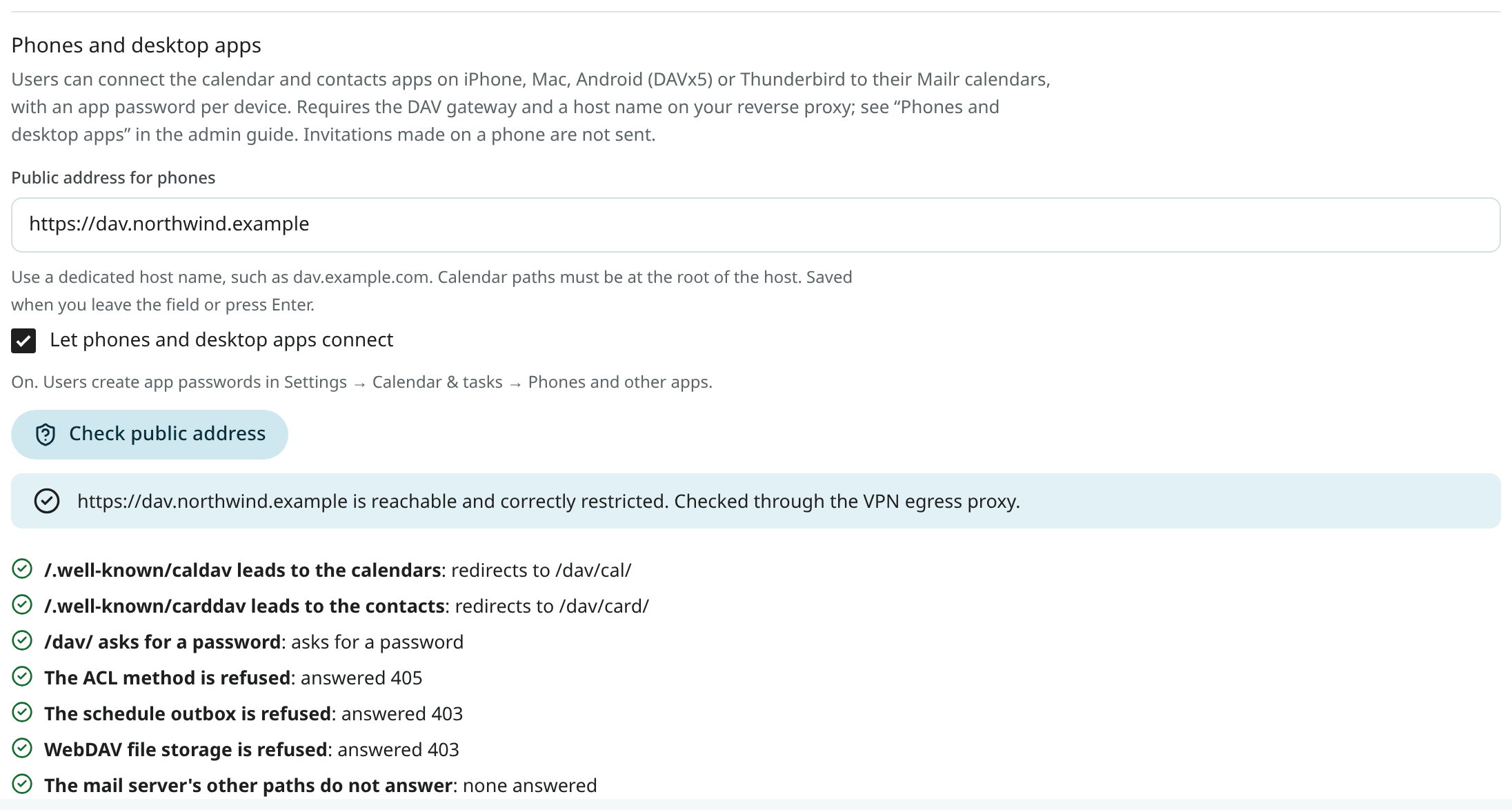 Phones and desktop apps in the Calendars section of the Admin settings