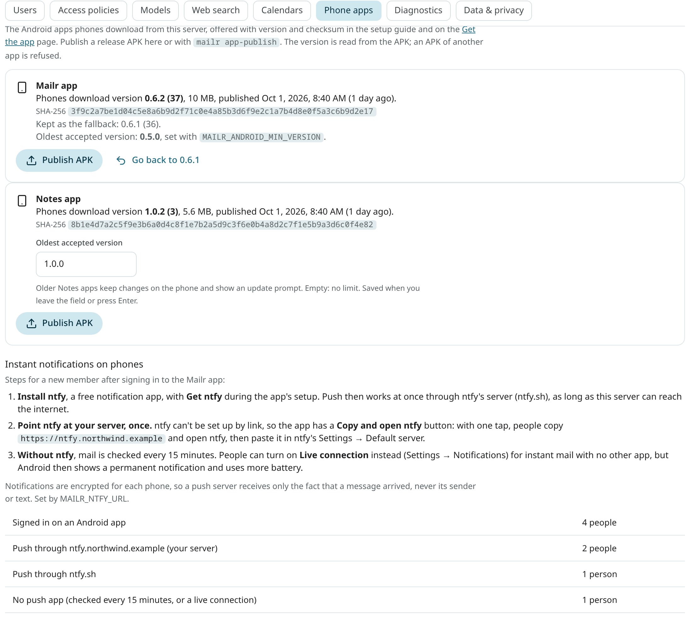 The Phone apps section of the Admin settings, with both apps published
