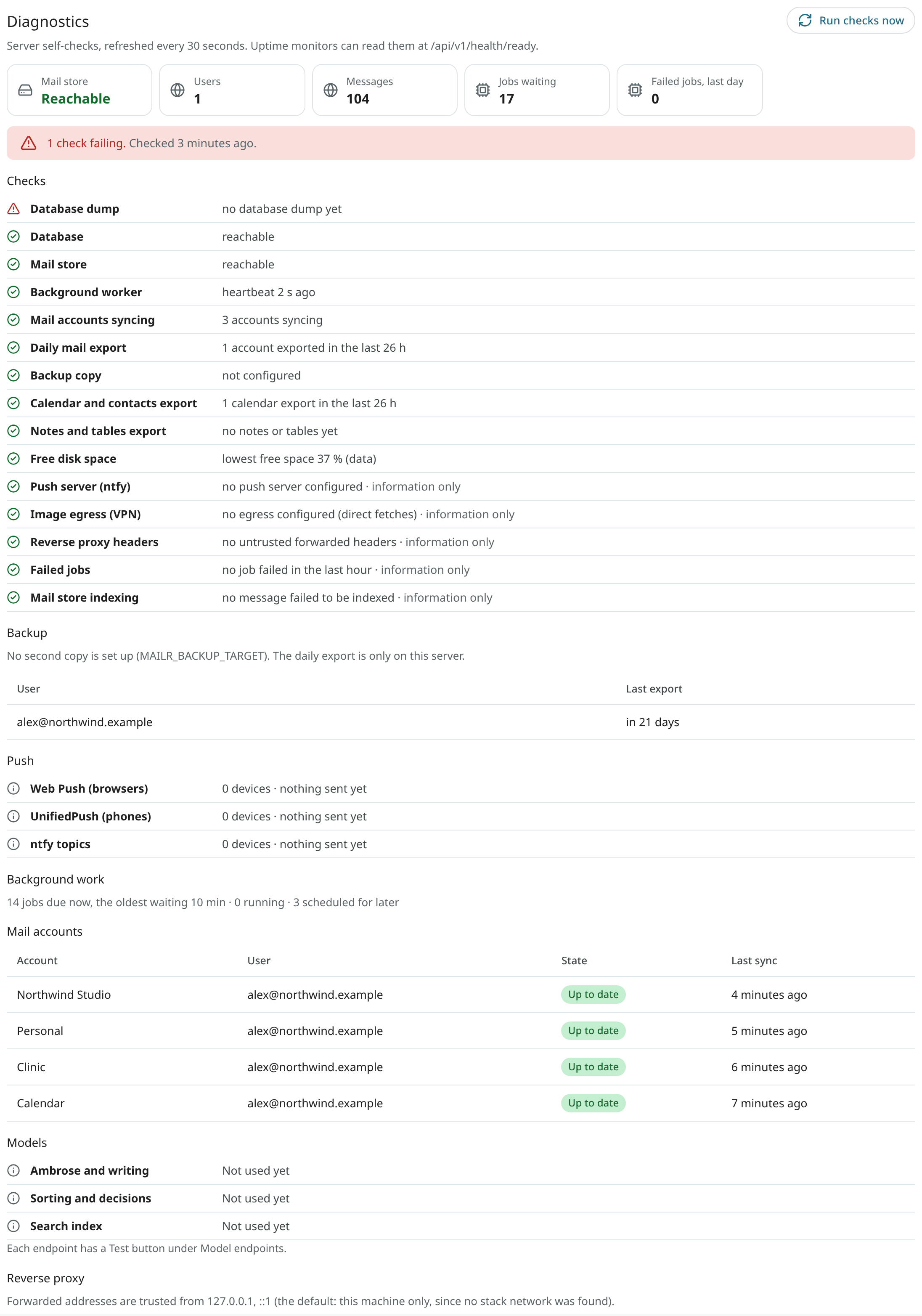 Diagnostics in the Admin settings