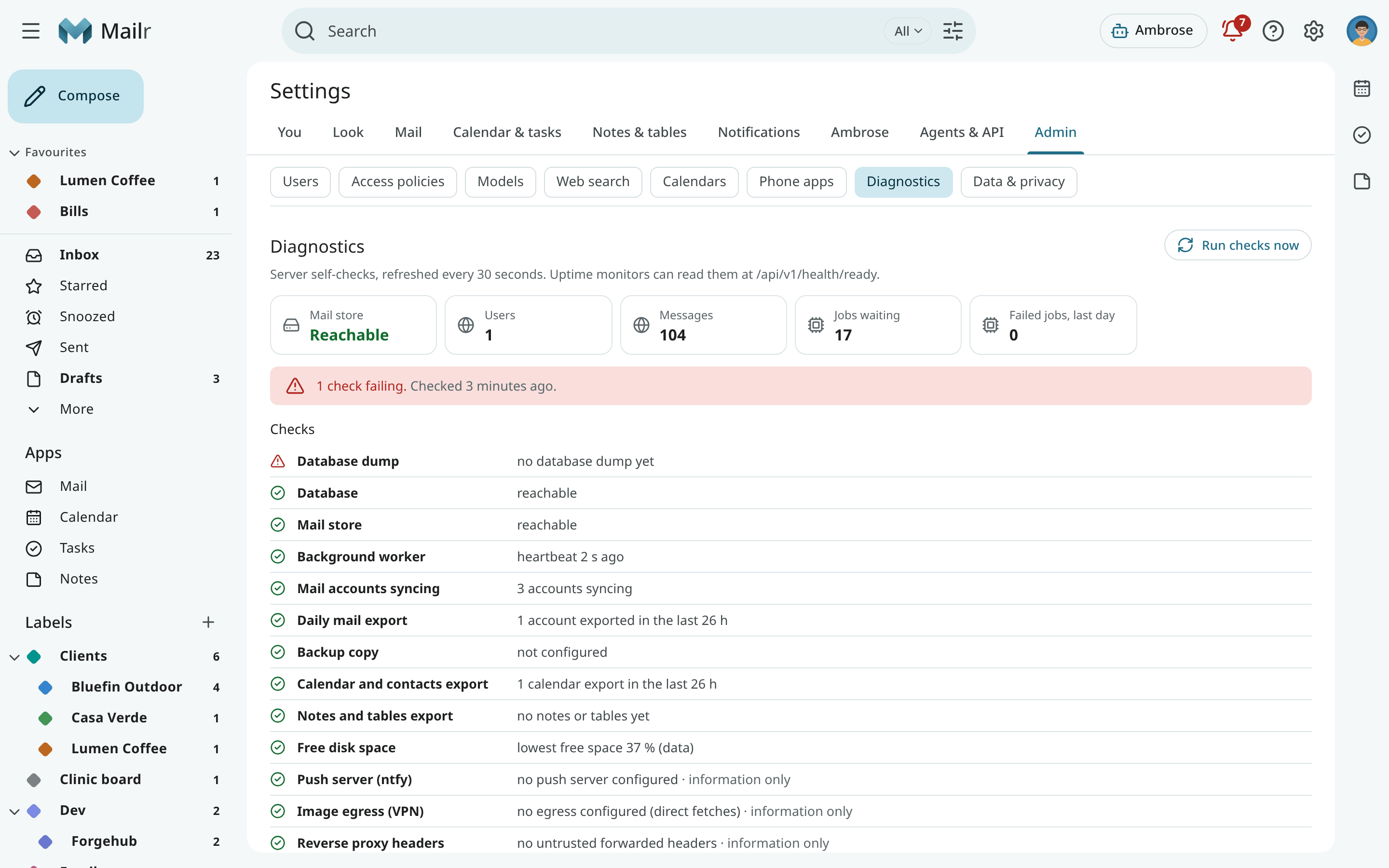 Settings, Admin, with the instance status