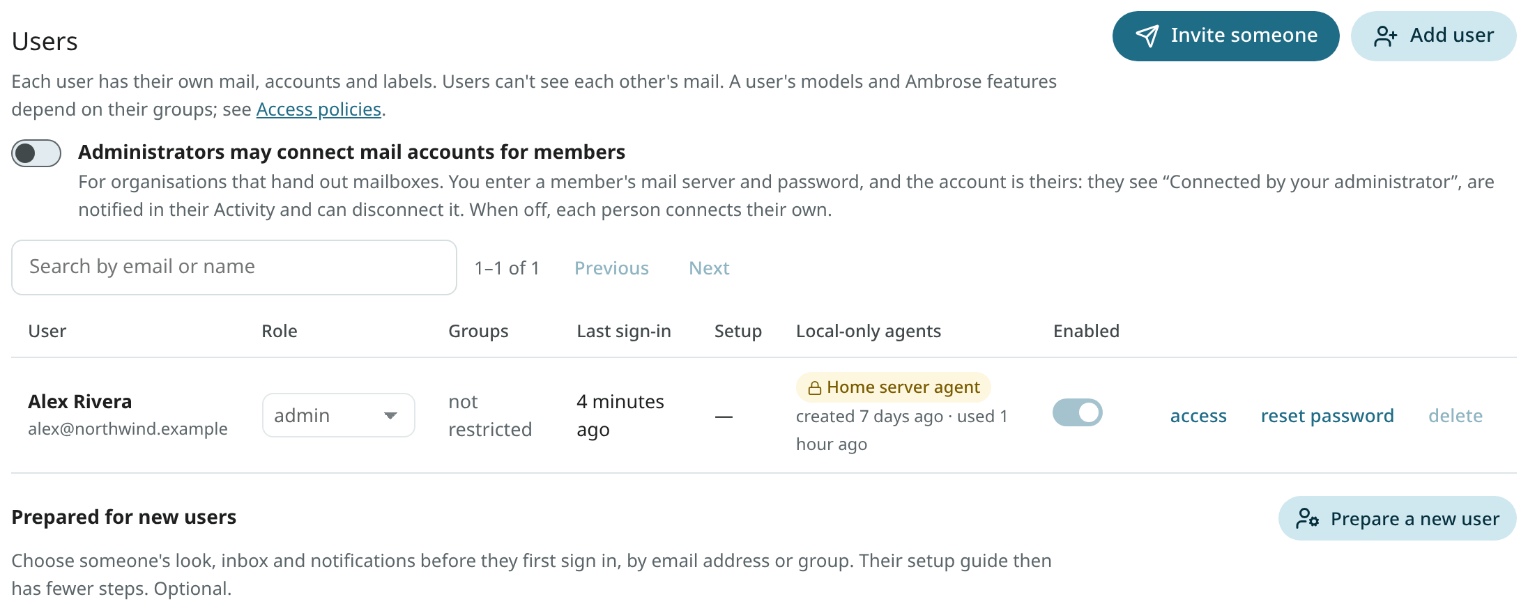 The Users section of the Admin settings