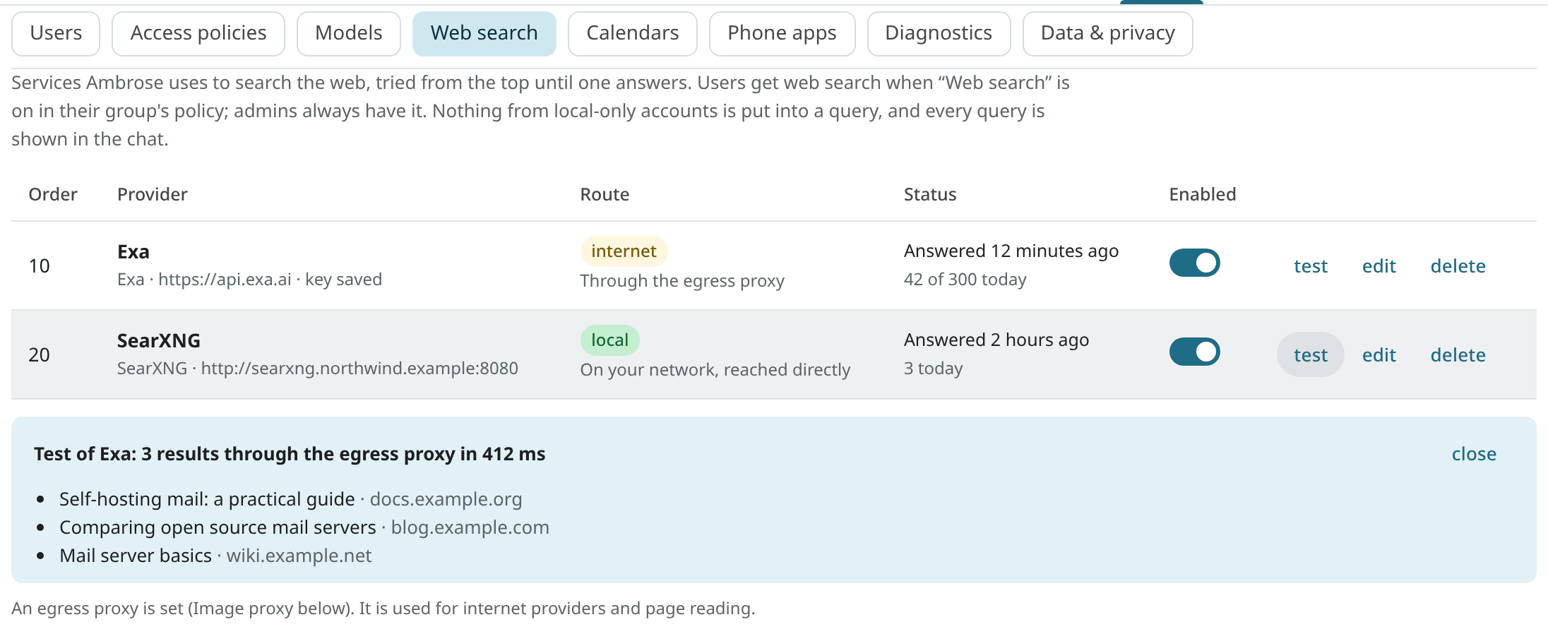 The Web search section of the Admin settings, with an API service and a SearXNG server on the local network