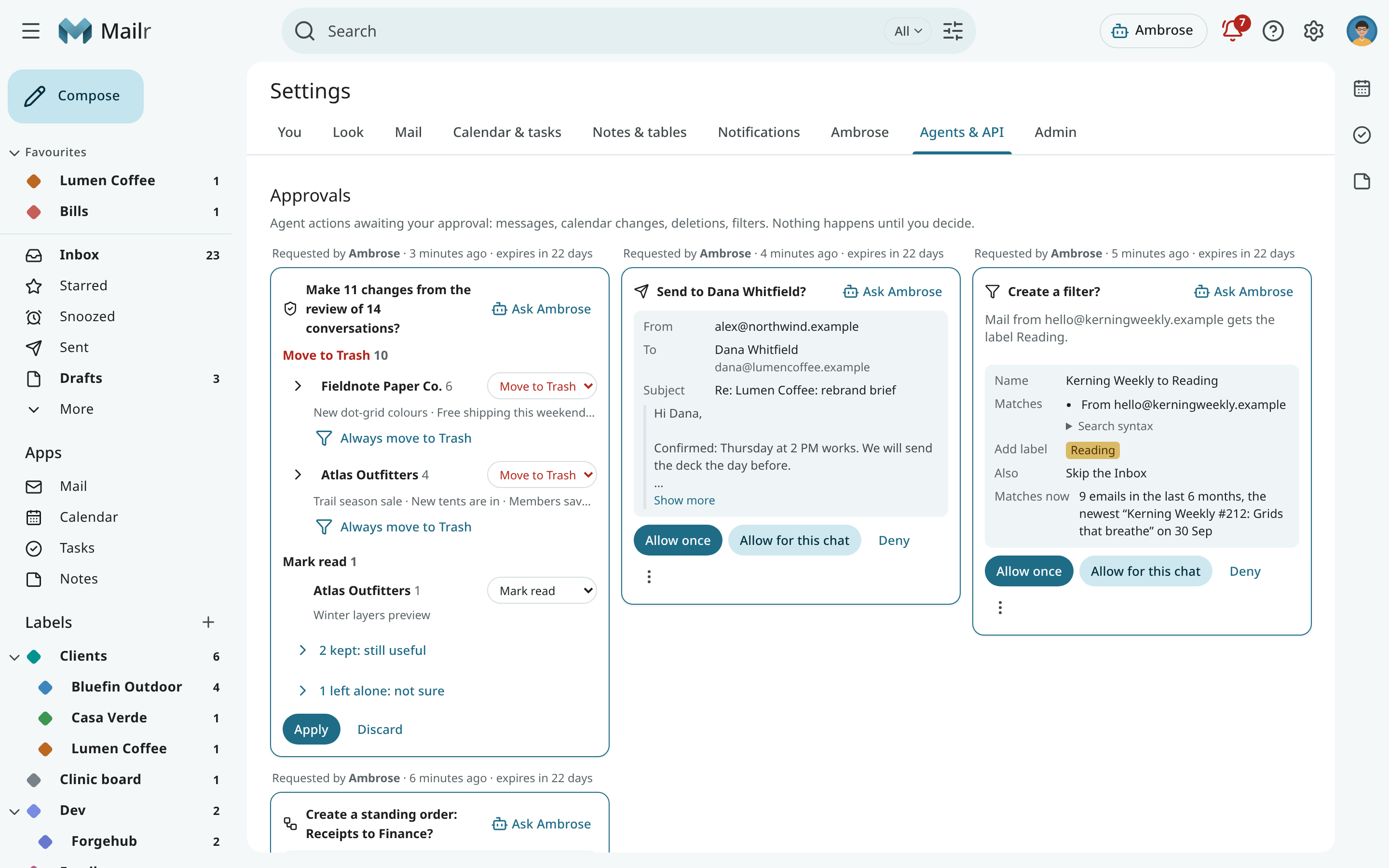 Settings, Agents & API, with tokens, permissions and the approval queue