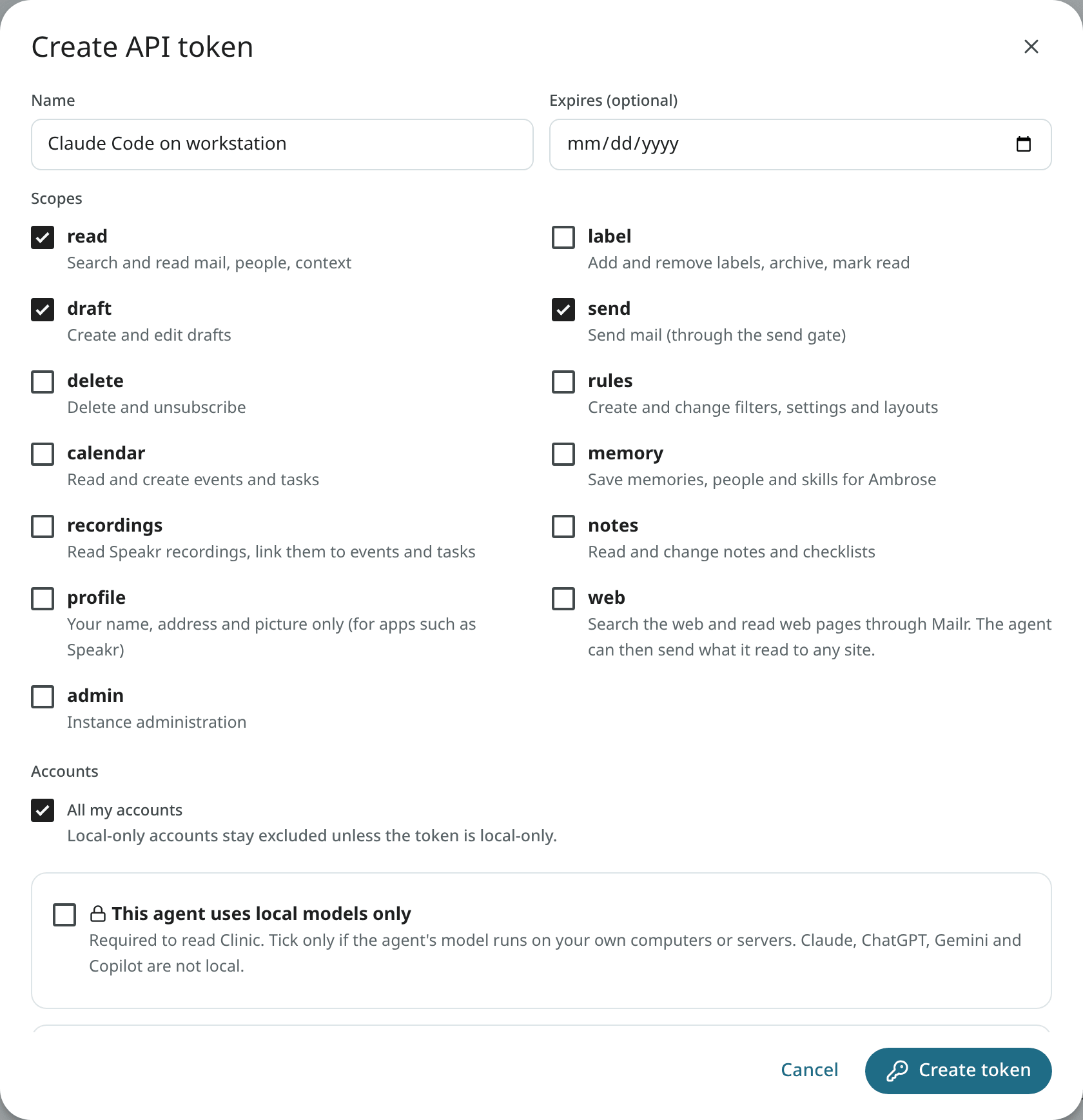 The Create API token dialog with scopes, accounts and the local-only box