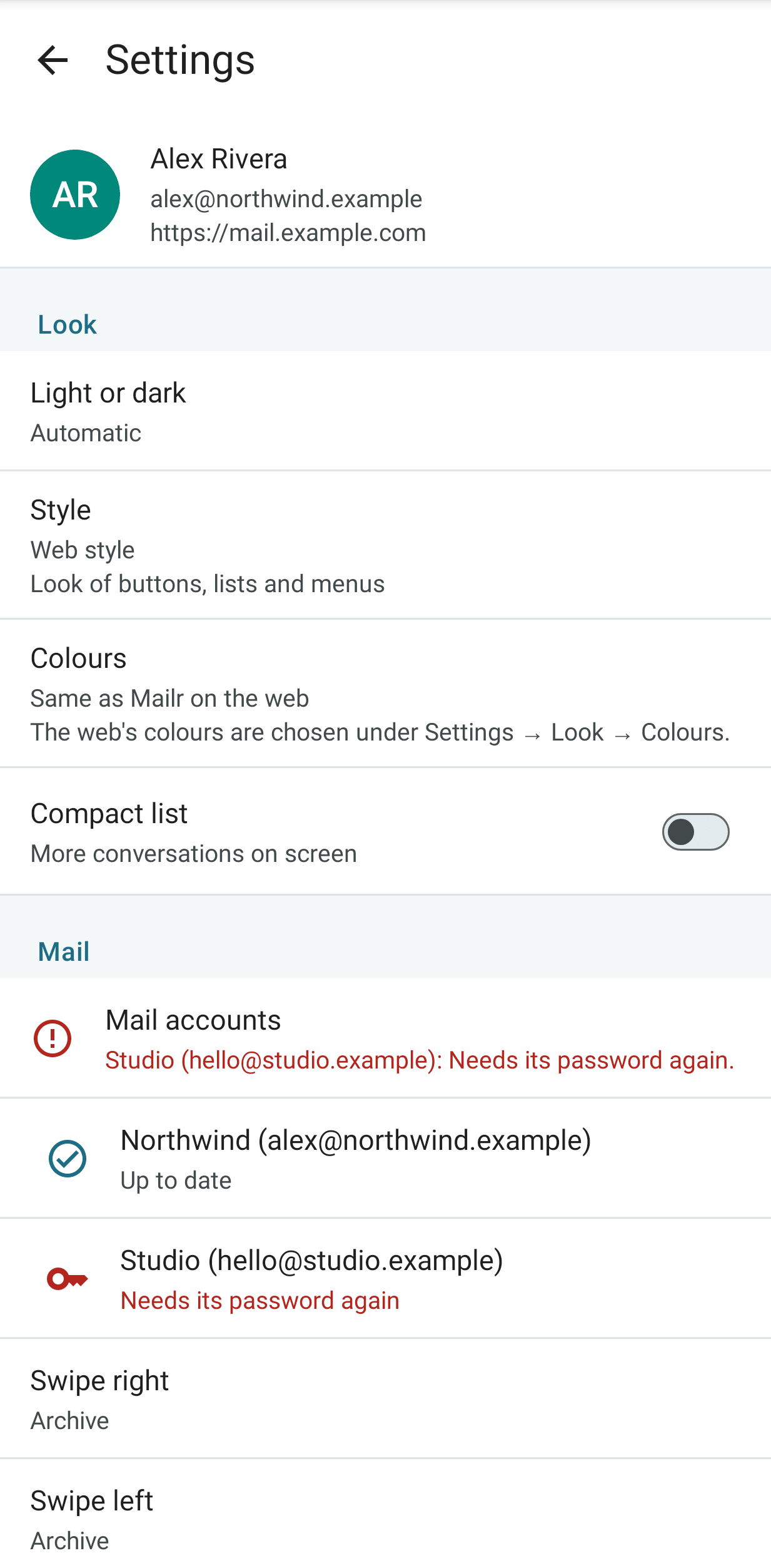 Mail accounts in the app settings, with a password request for one account