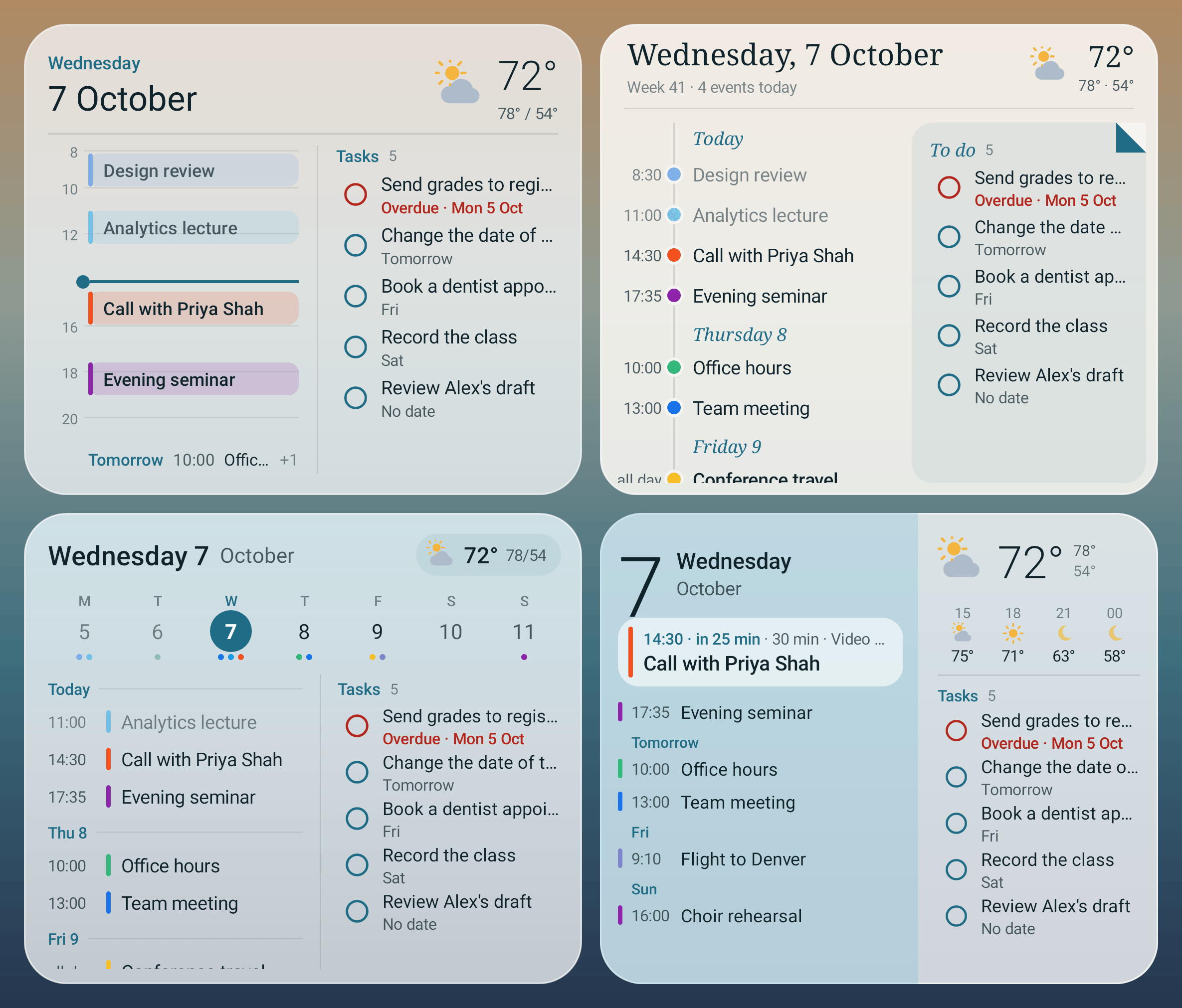 The four Agenda widget styles: glass timeline, paper and rail, week strip and numeral duotone