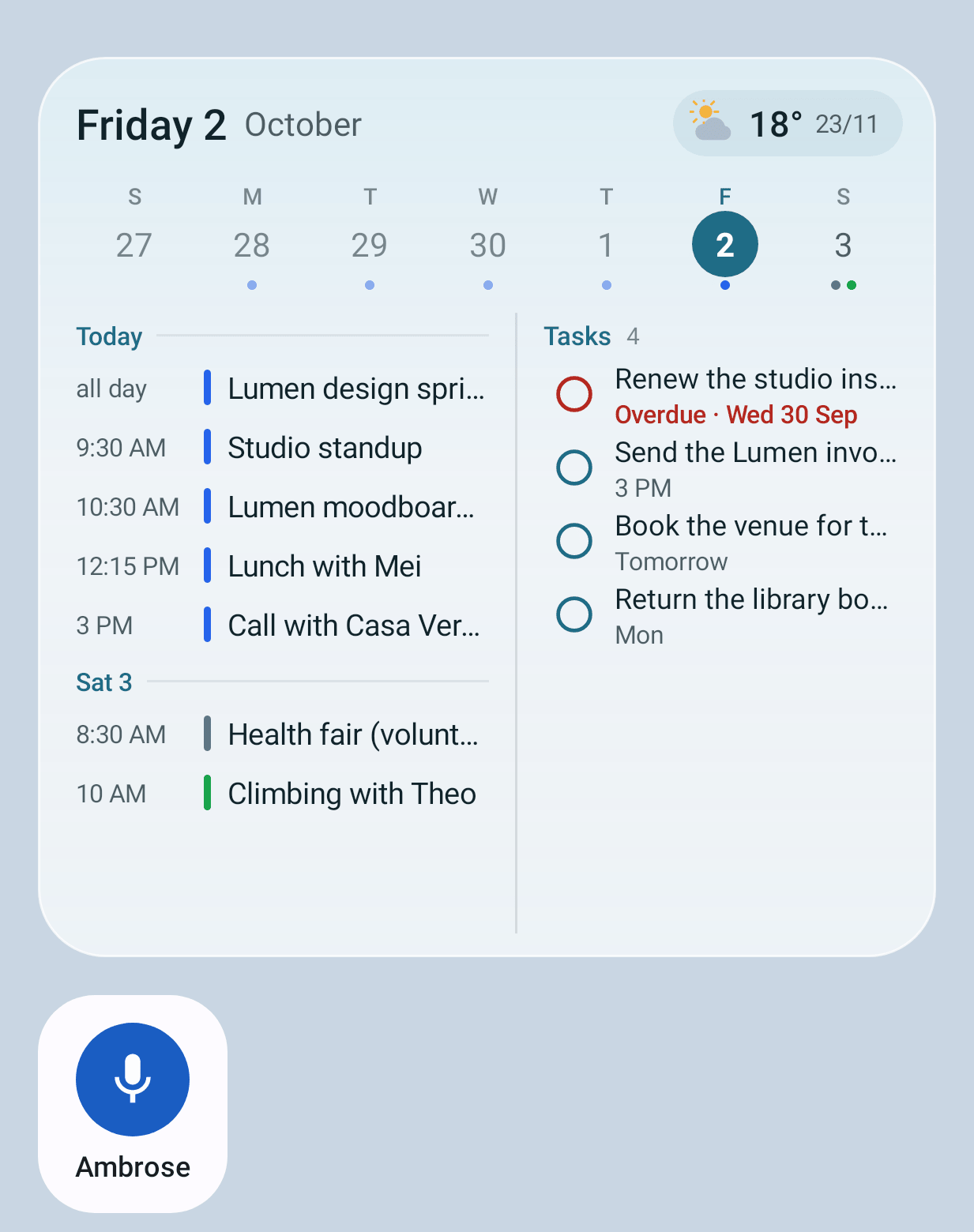 The Agenda widget in its default style and the 1×1 Talk to Ambrose widget on a home screen