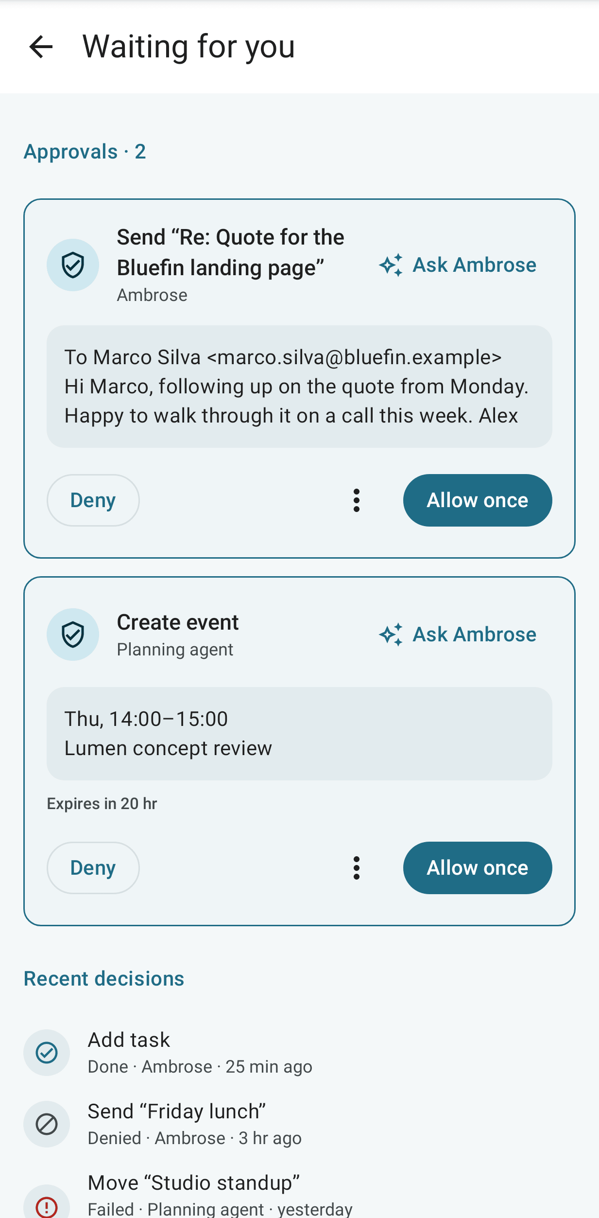 Approvals in Waiting for you on Android, with a pending send and recent decisions