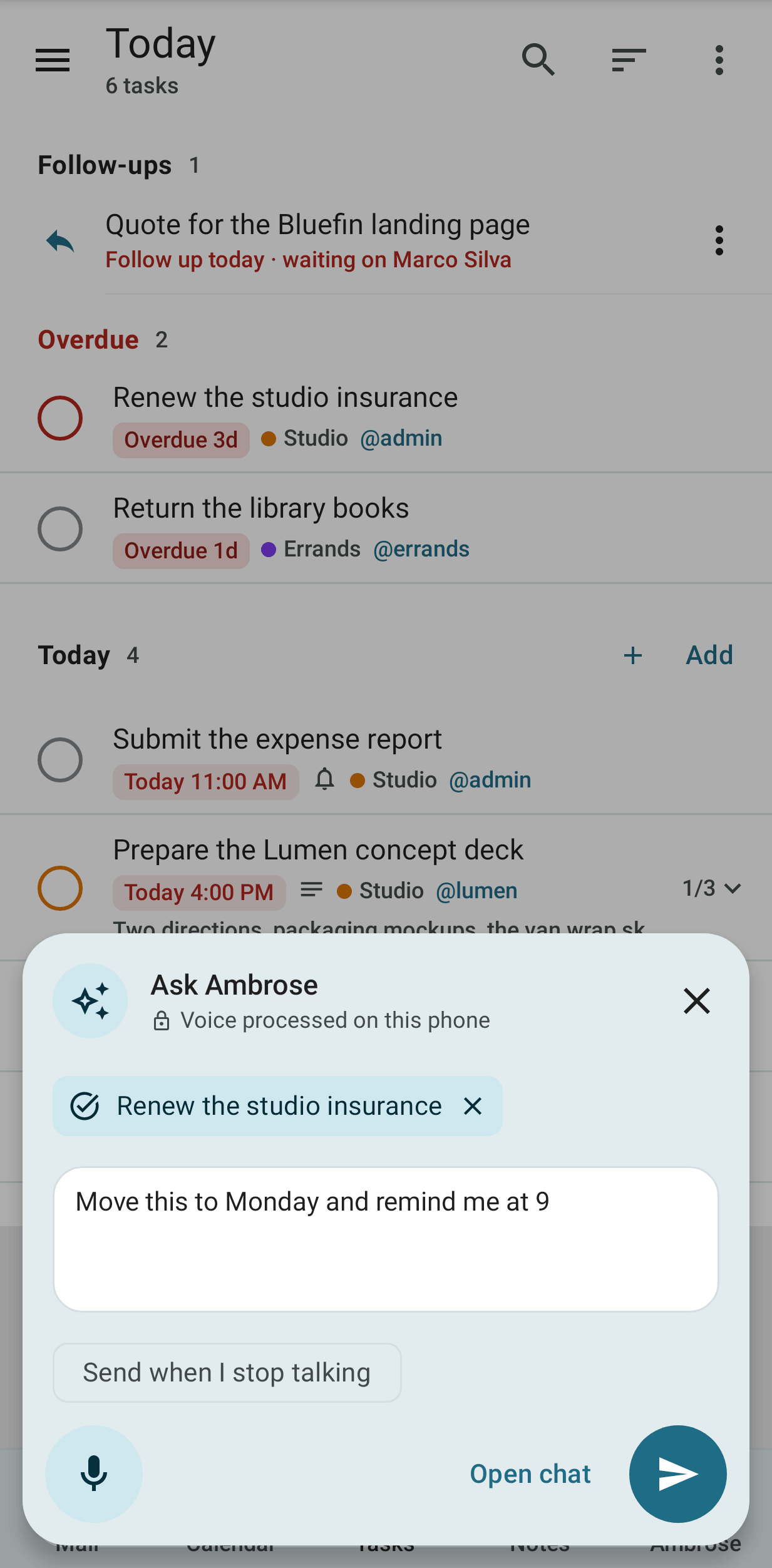 The Ask box over a task reminder, with a request typed