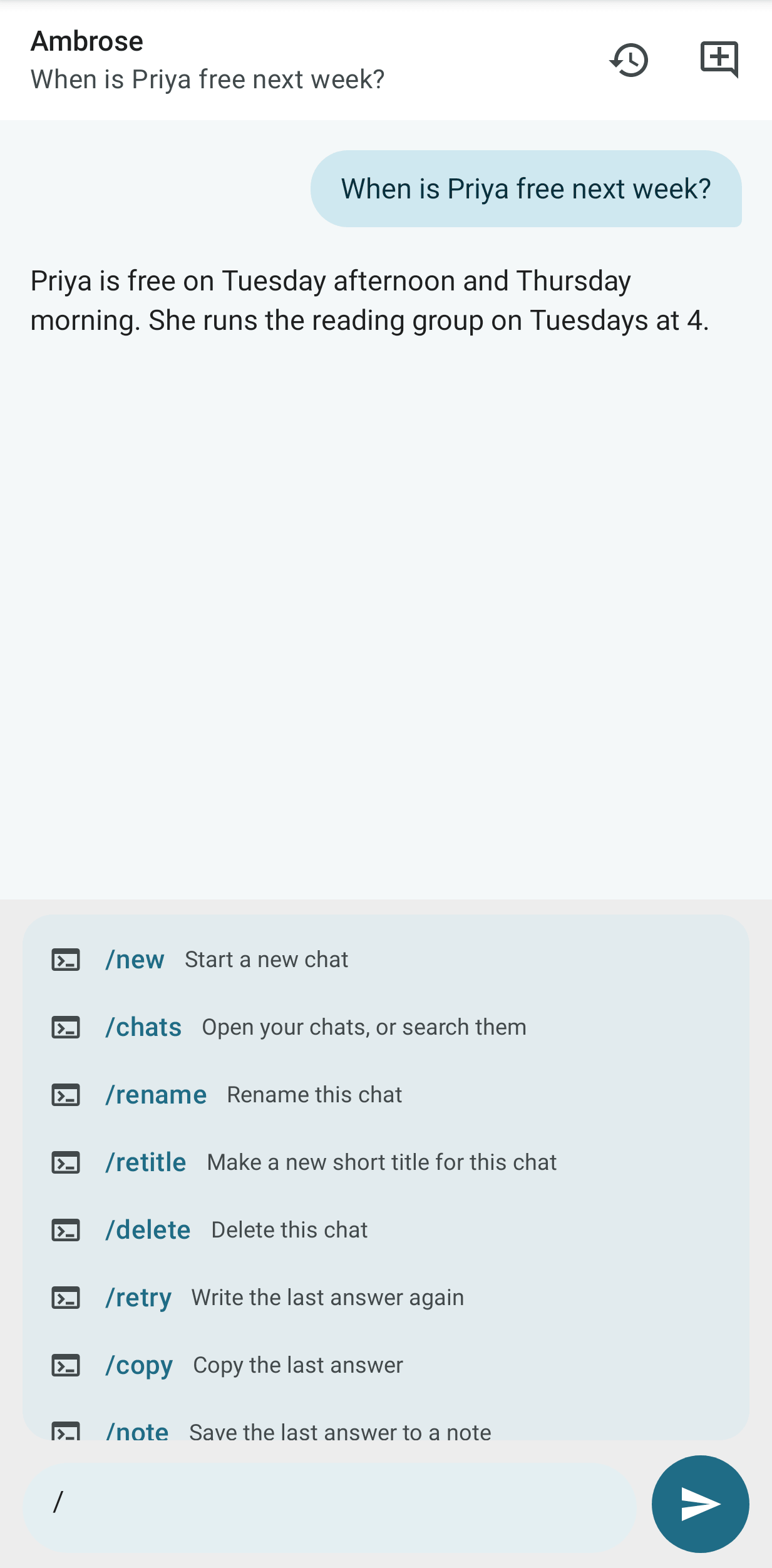 The command list on Android, opened by typing / in the message box: /new, /chats, /rename and the other chat commands
