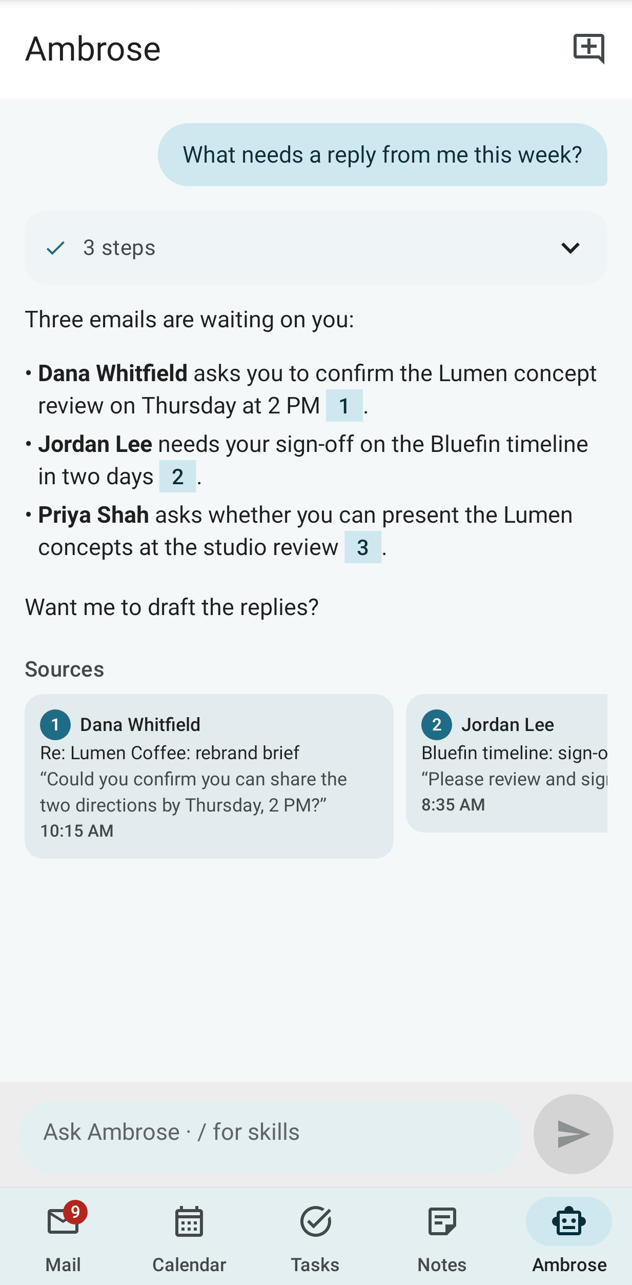 The Android assistant tab with an answer and citation chips
