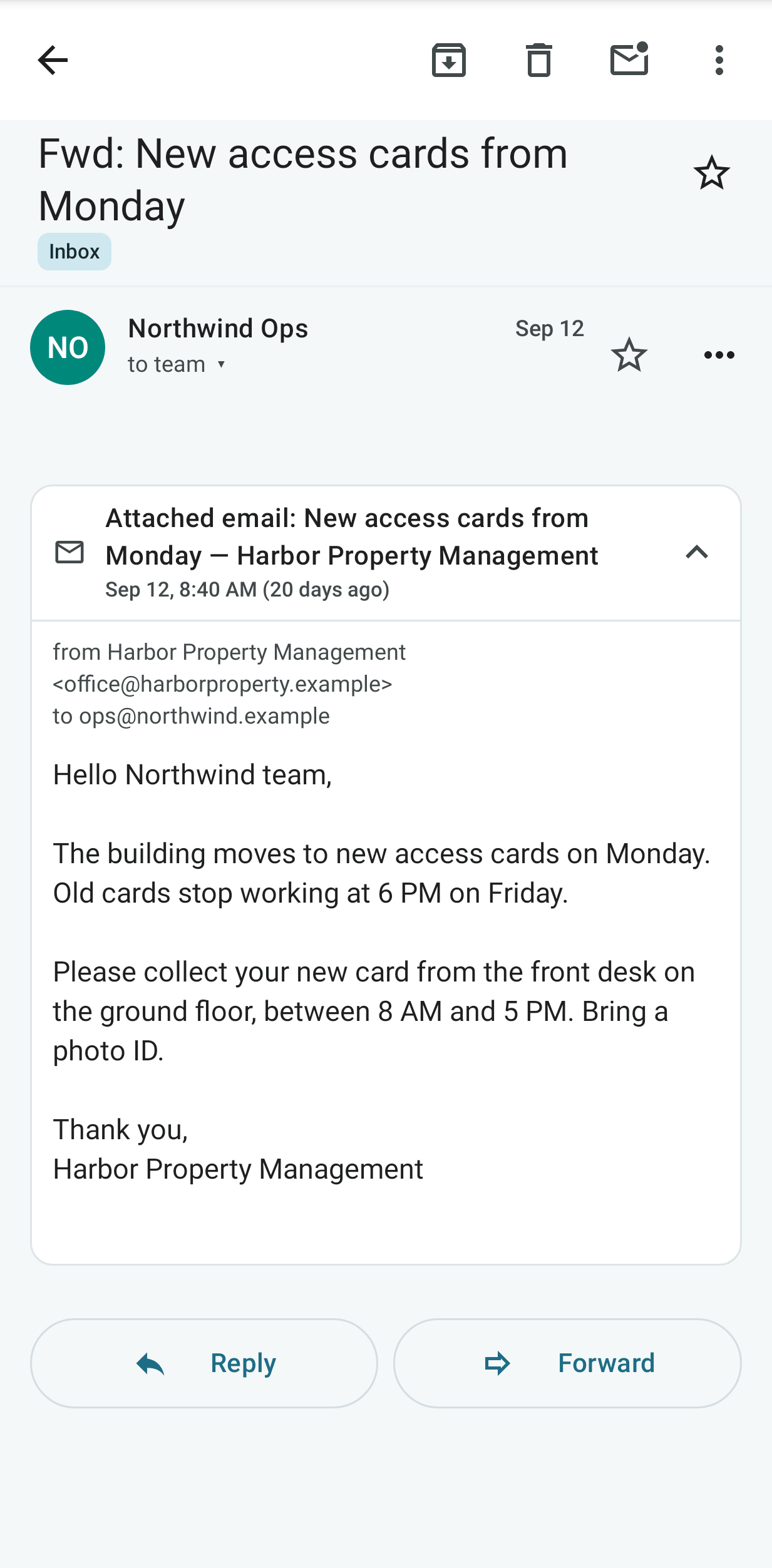 A message forwarded as an attachment, with its card open