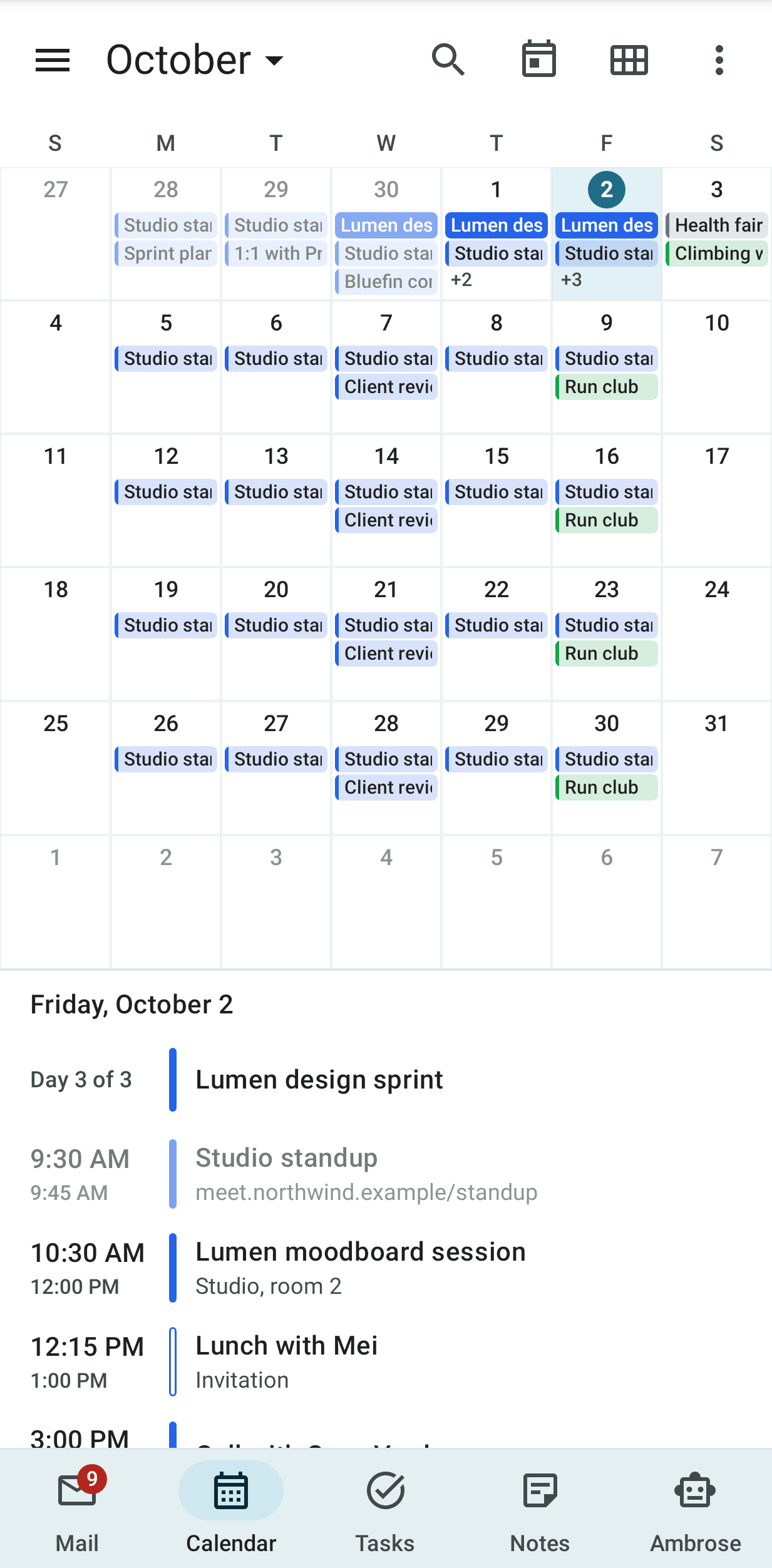 The month view on a phone, with the picked day's events below