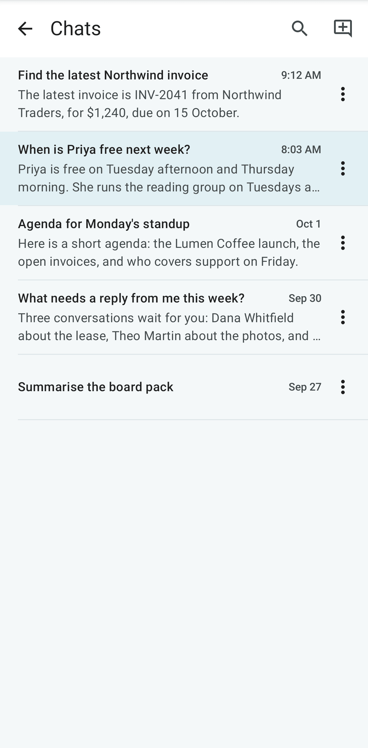 Chats on Android: earlier chats with Ambrose and the start of each answer