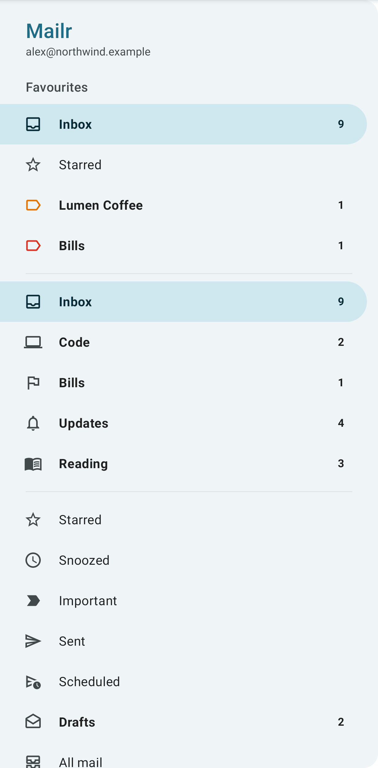 The navigation drawer with Favourites, inbox tabs and labels