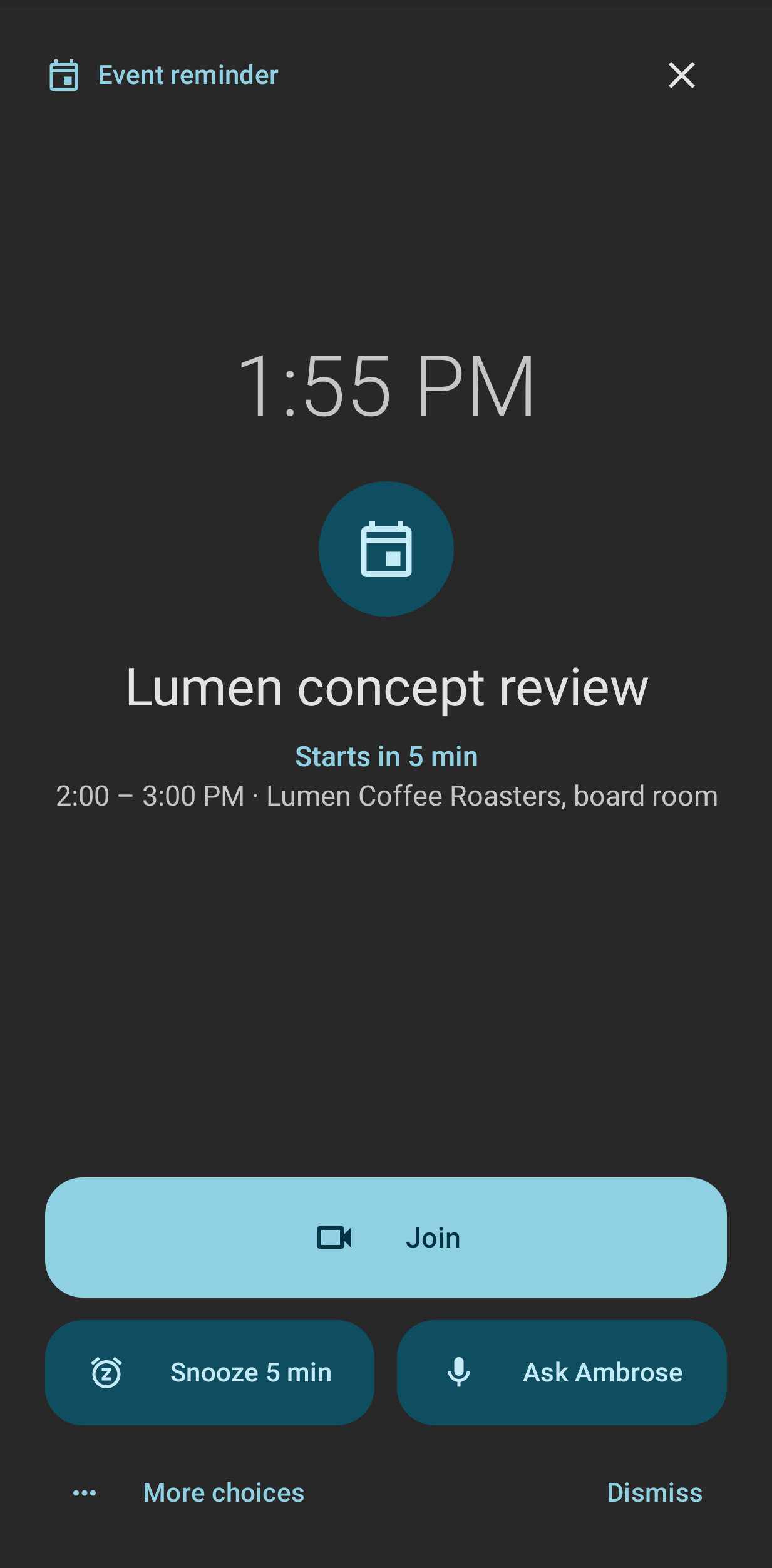 A full-screen alert for an event starting in five minutes