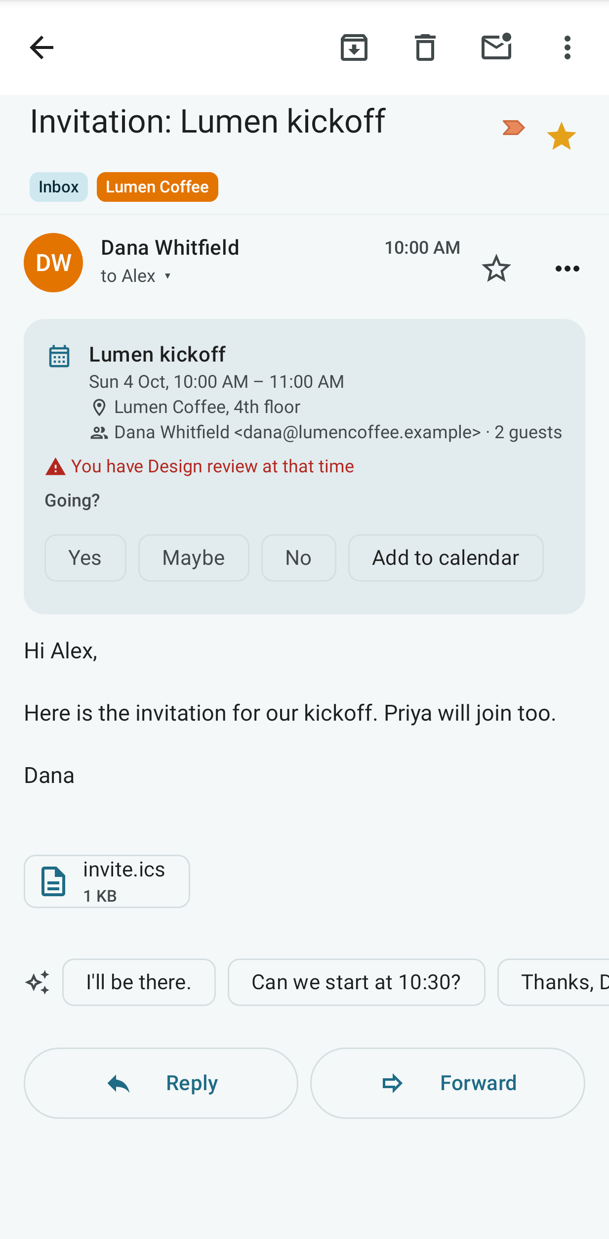 An invitation card in the Android reader