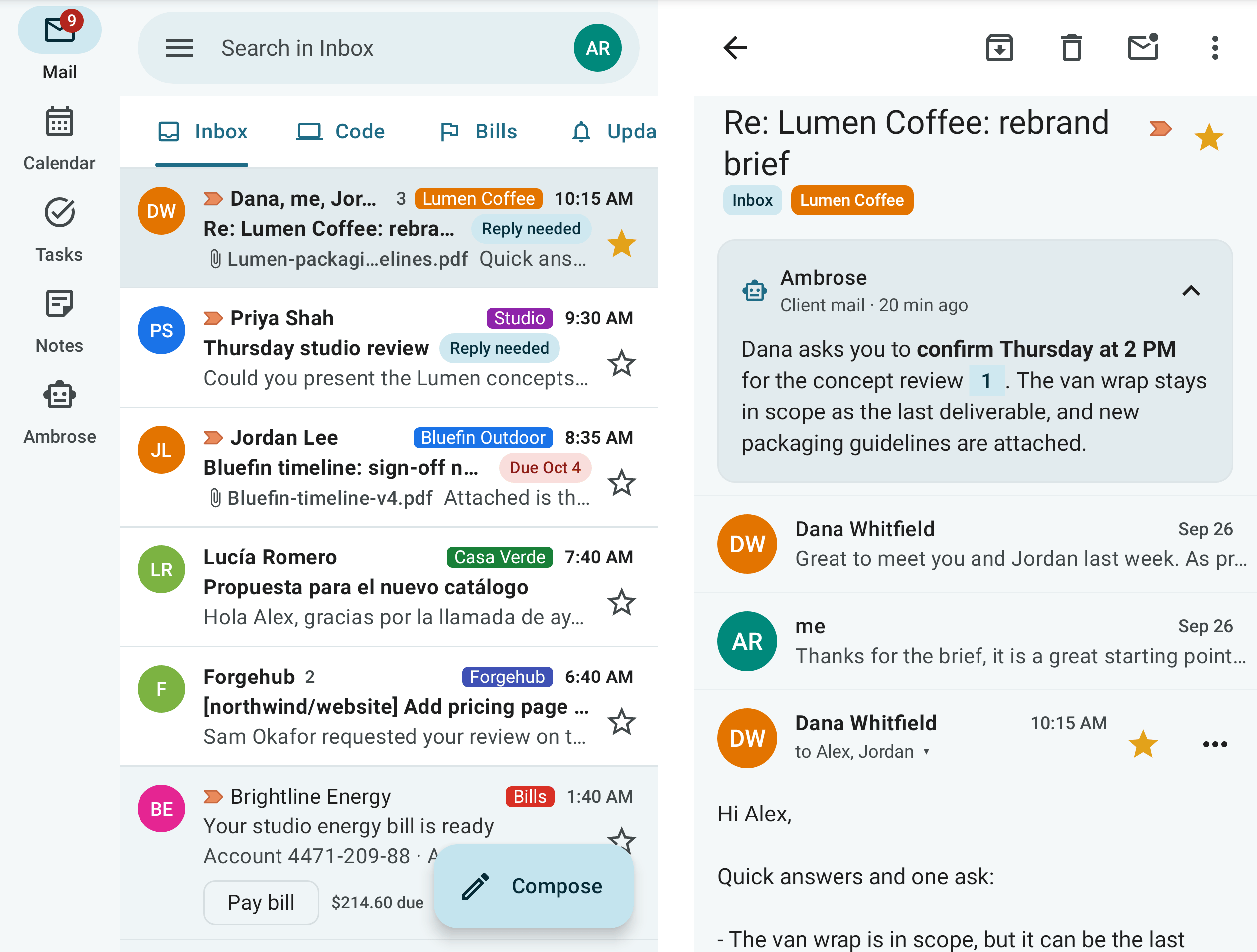 The app on an unfolded foldable, with the list and the conversation side by side