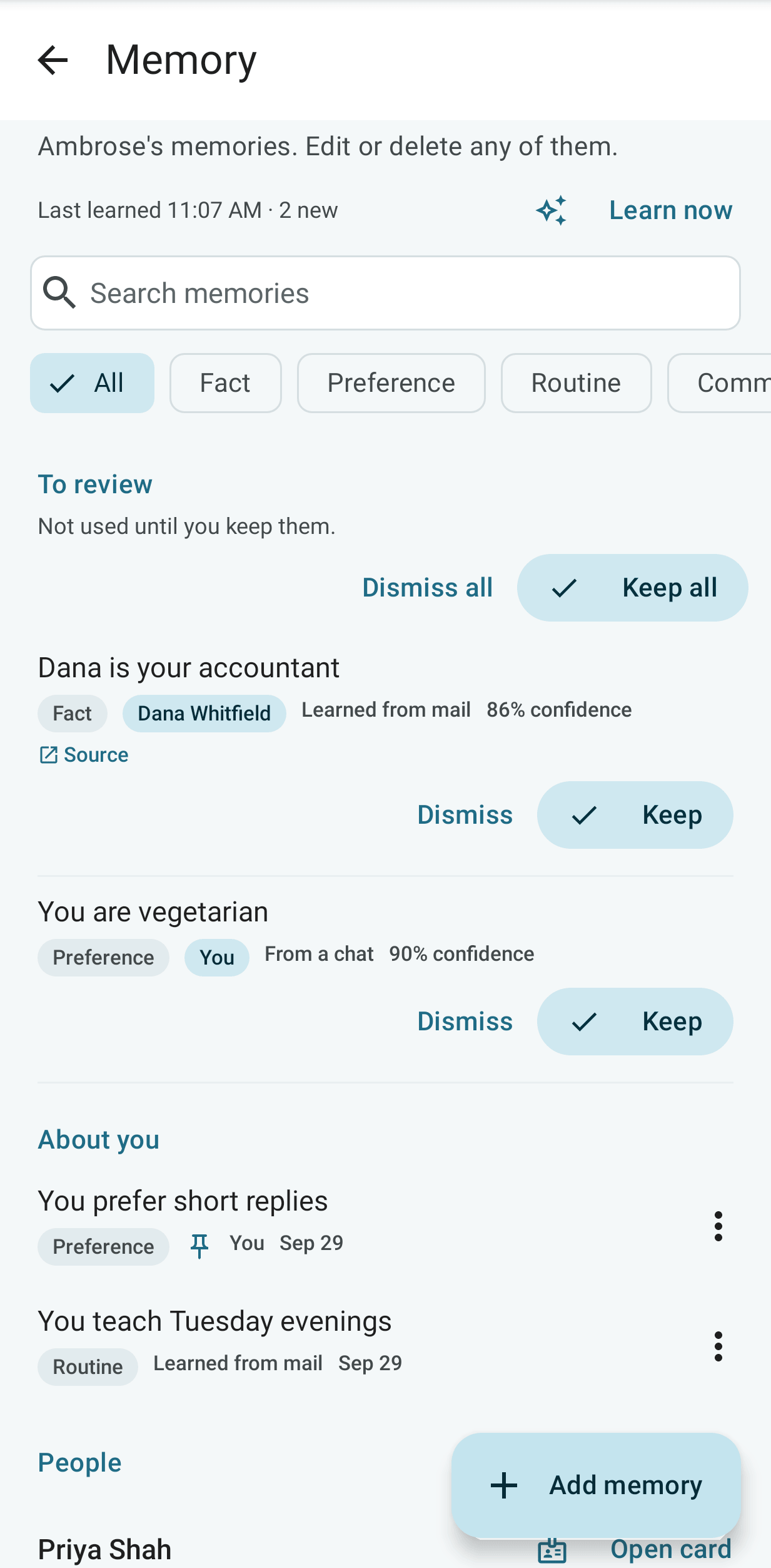 The Memory page on Android: To review, About you and the kind chips