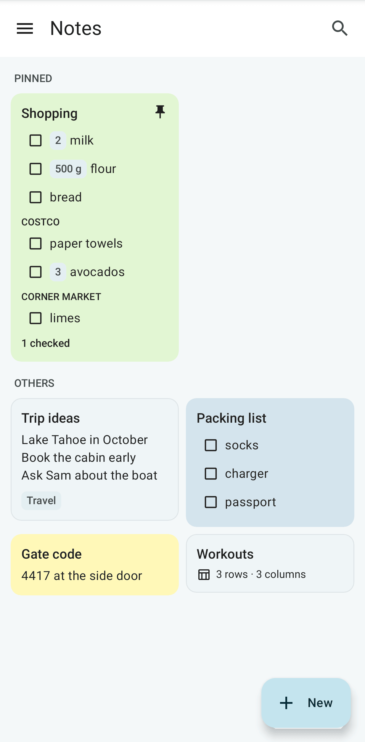 The Notes grid on Android