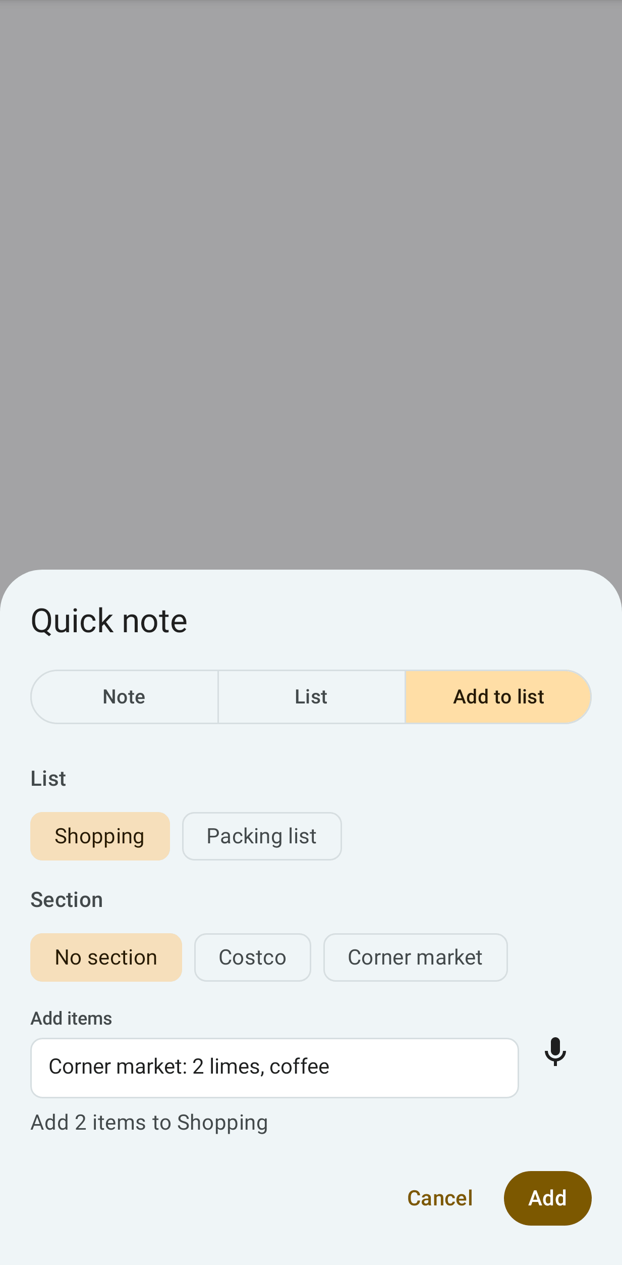 Quick capture adding items to a list