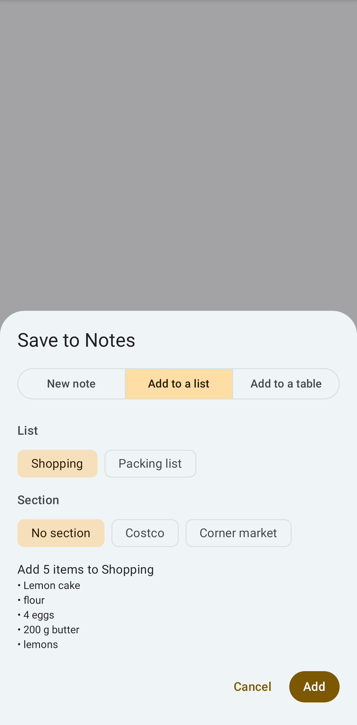 Sharing a recipe's lines to a list