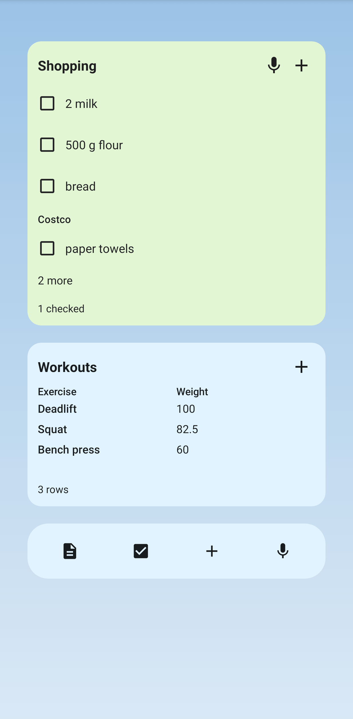 The Checklist, Table and Quick capture widgets
