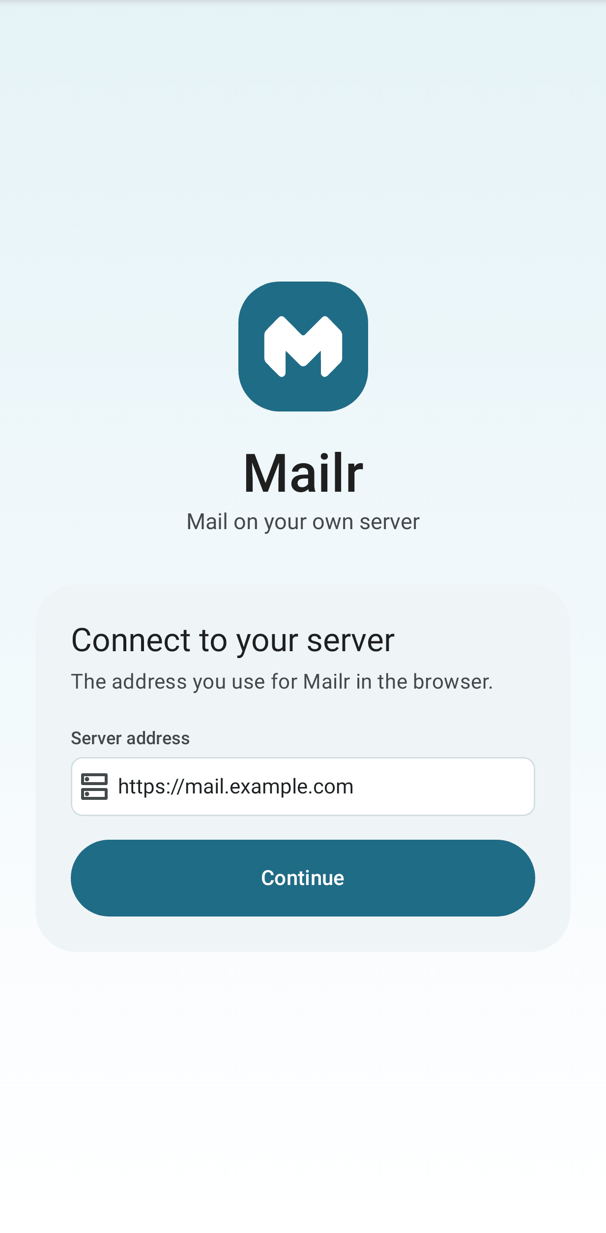 The Android app's first screen, asking for the server address