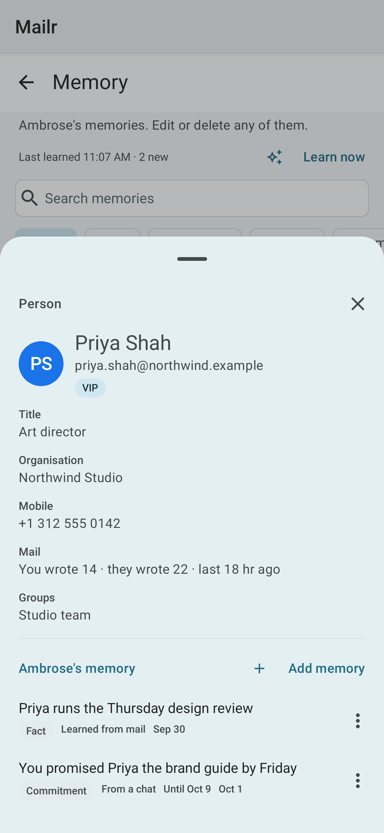 A person's card on Android, with Ambrose's memory