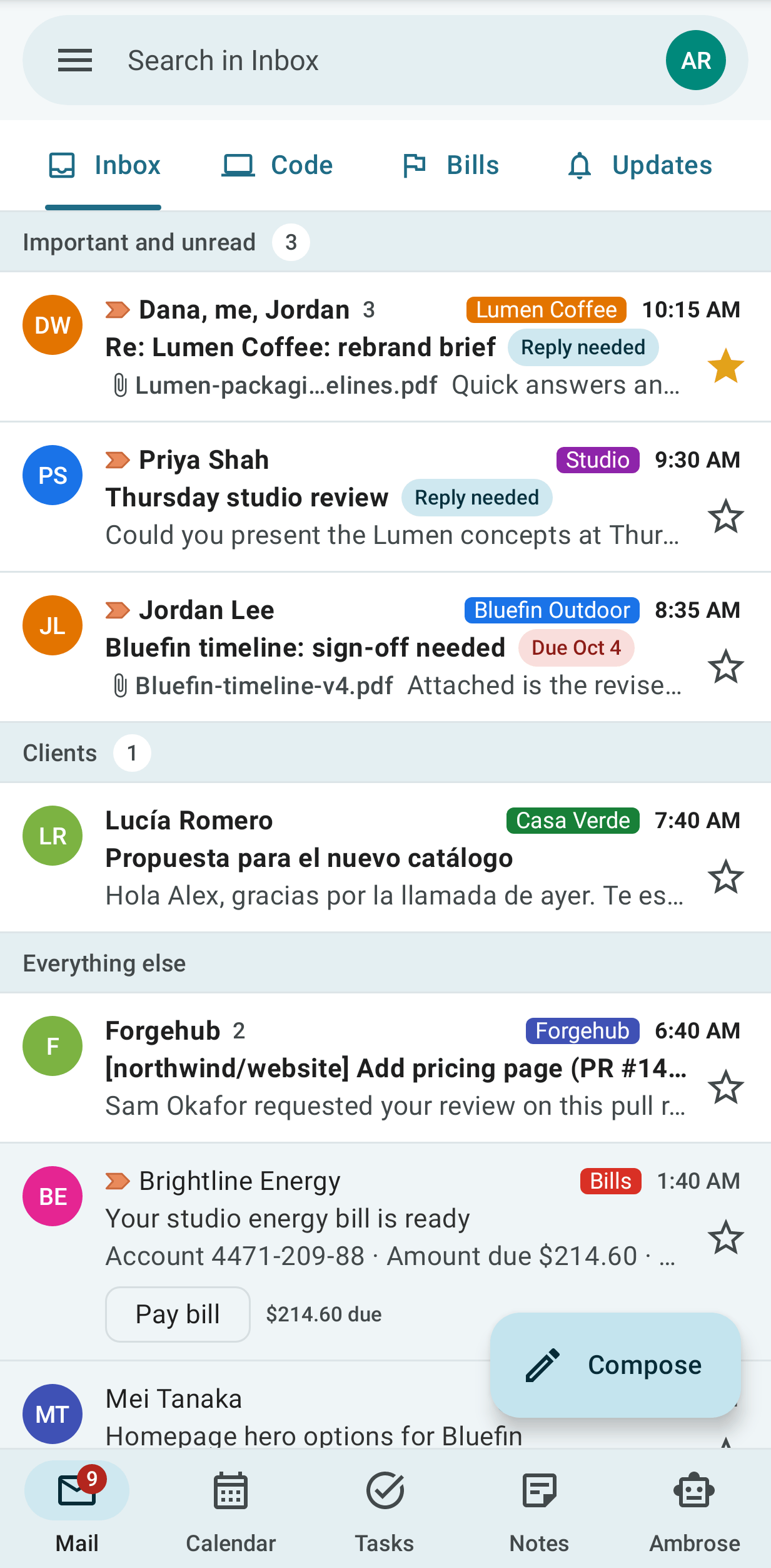 The Android inbox with custom inbox sections