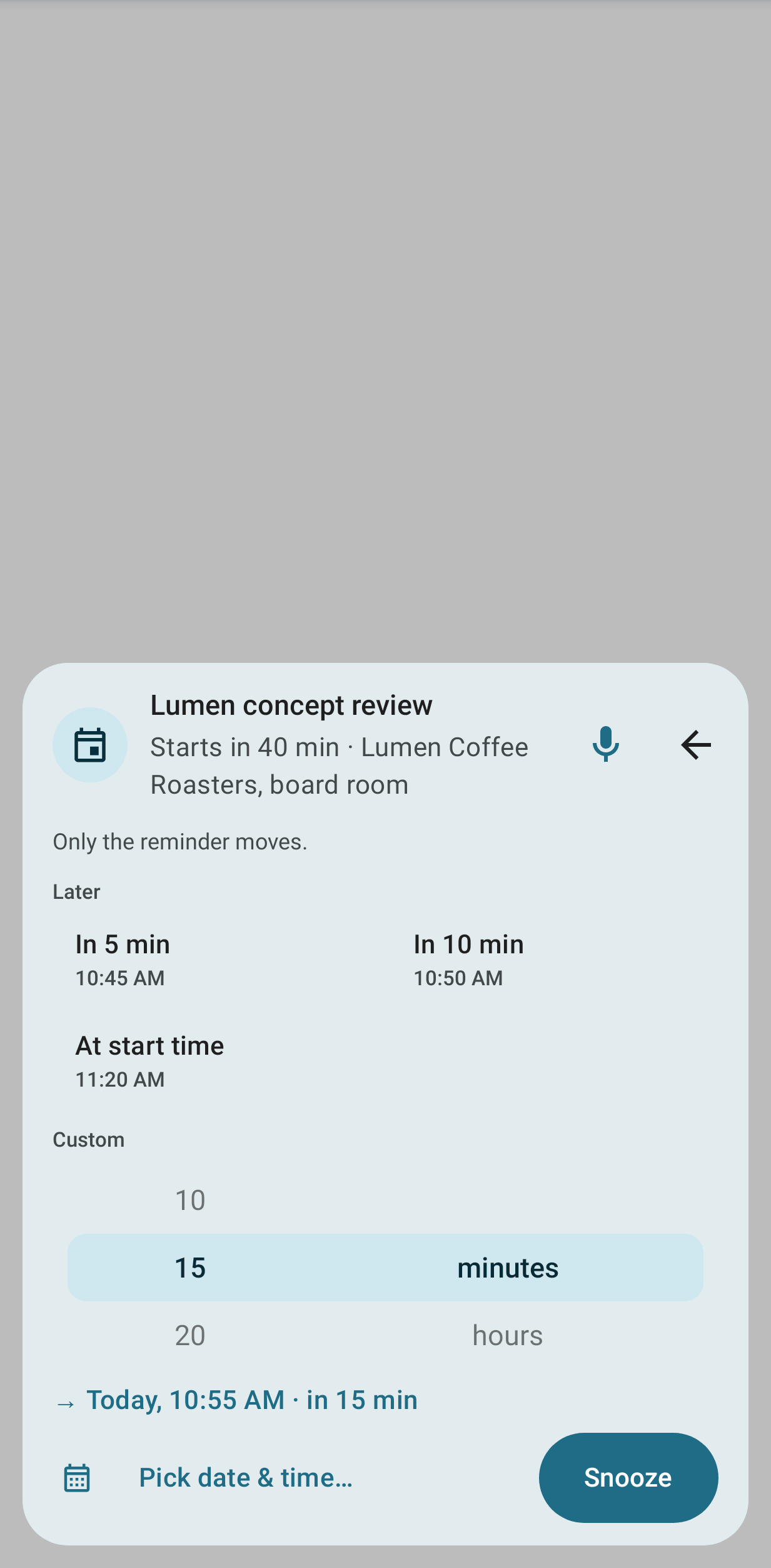 A reminder's quick-action sheet with snooze choices