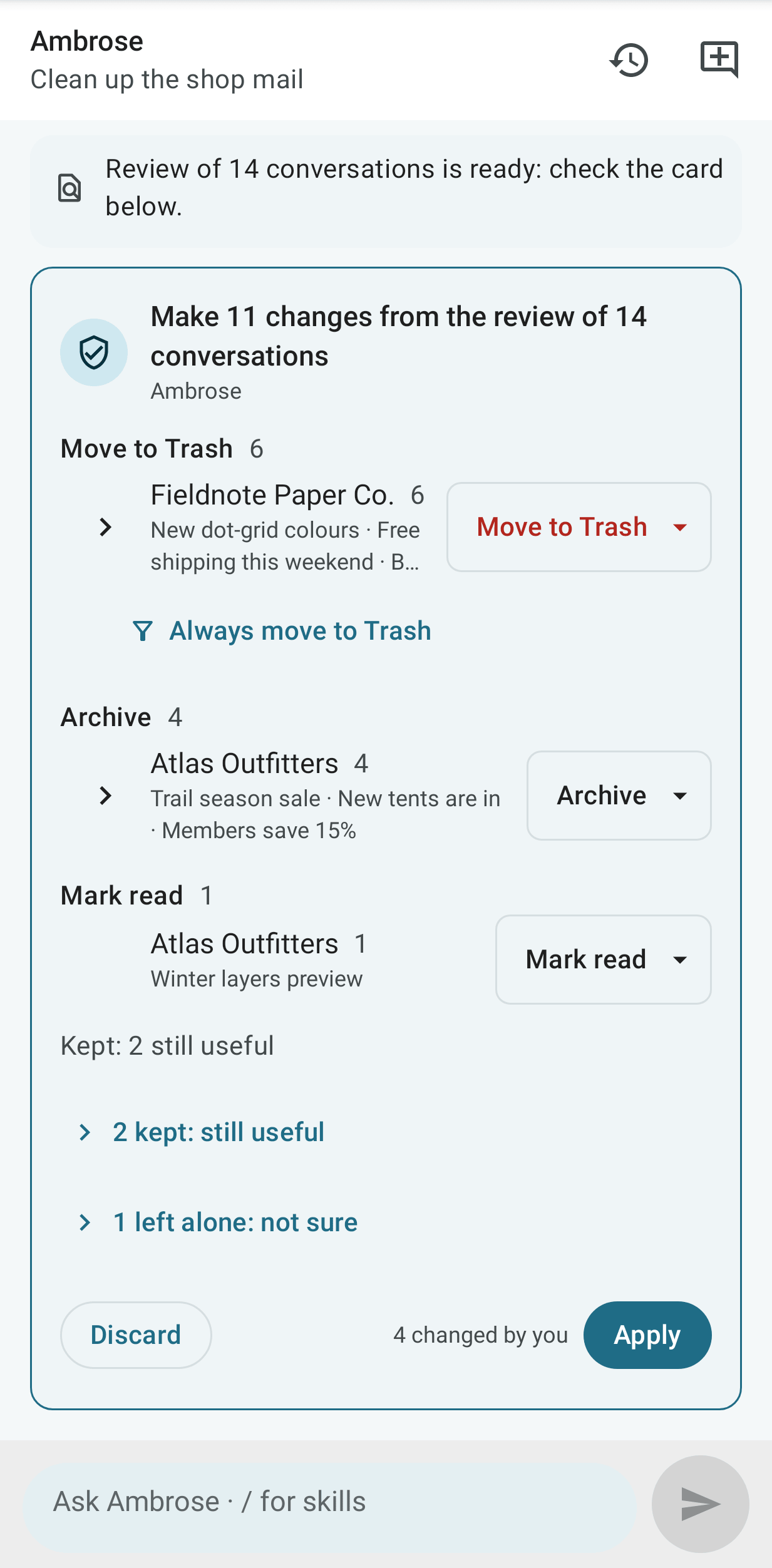 A review card on Android under its progress line: Fieldnote Paper Co. under Move to Trash, Atlas Outfitters moved to Archive with its move menu, Mark read, two kept, one left alone, and Apply with 4 changed by you