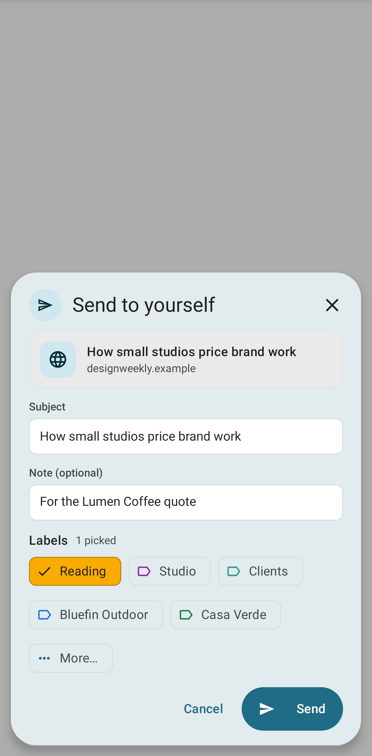 The Send to self card for a shared link, with a note and the Reading label picked