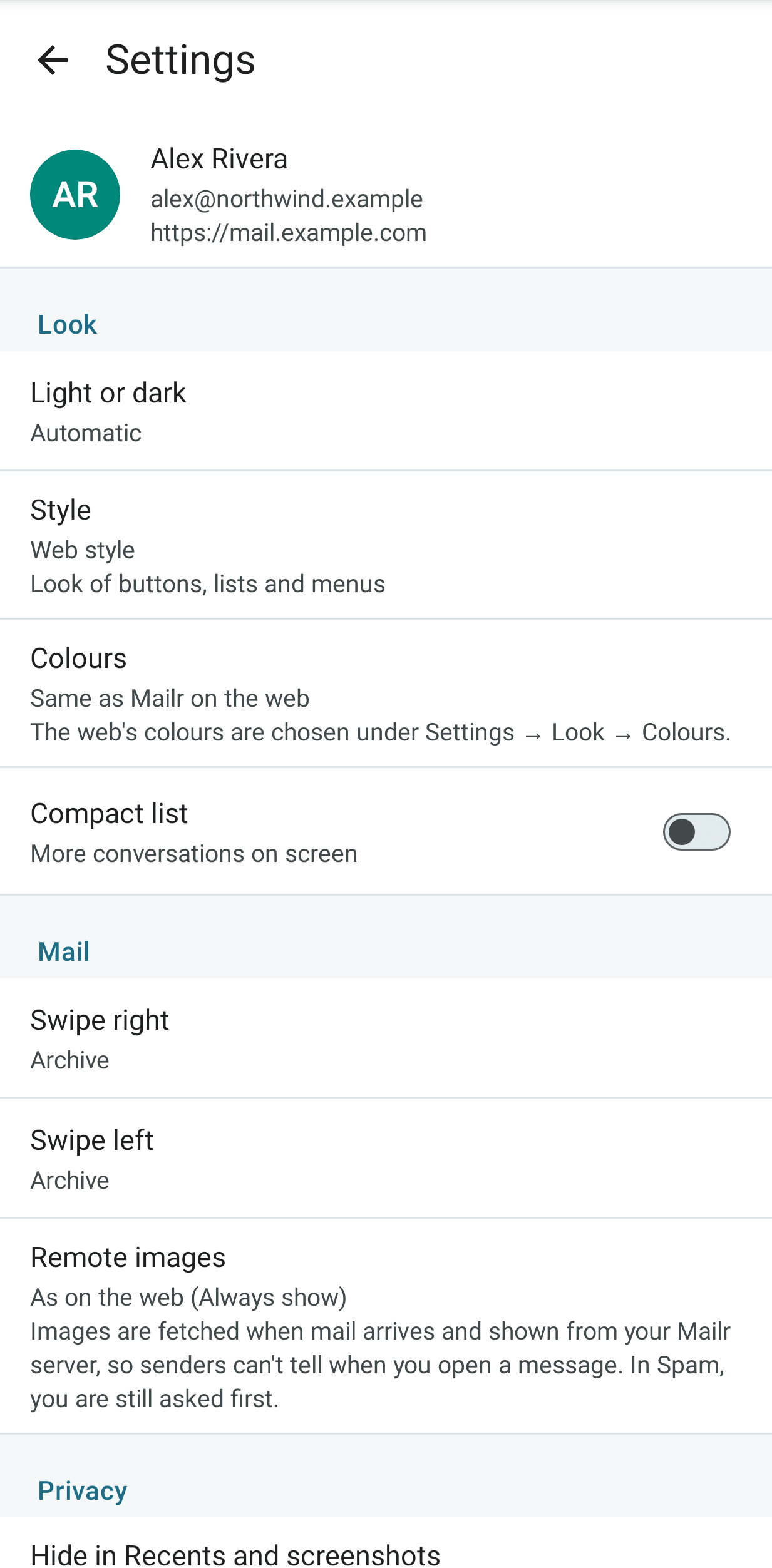 The Android settings screen