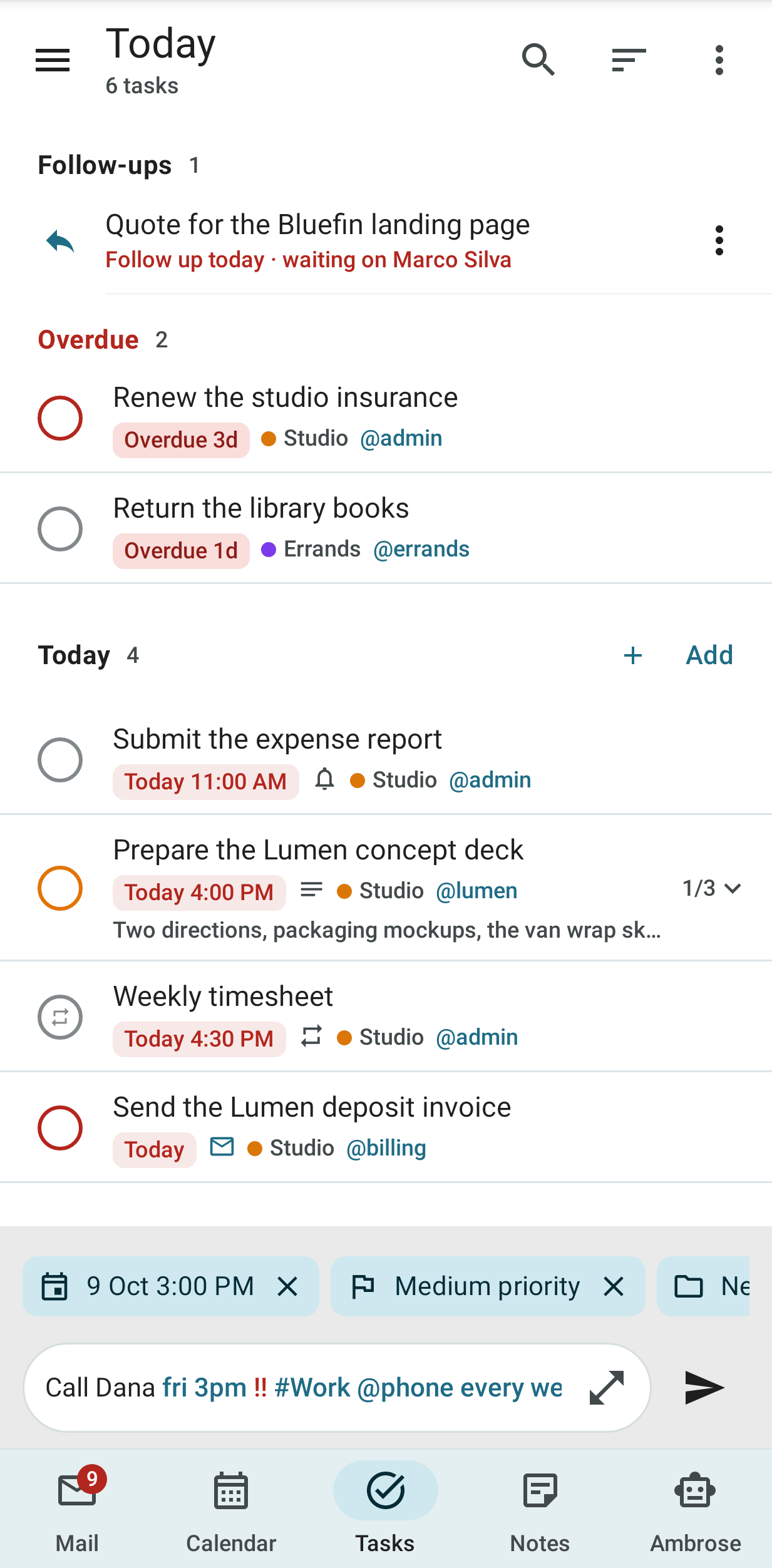 Today's tasks on Android, with quick add