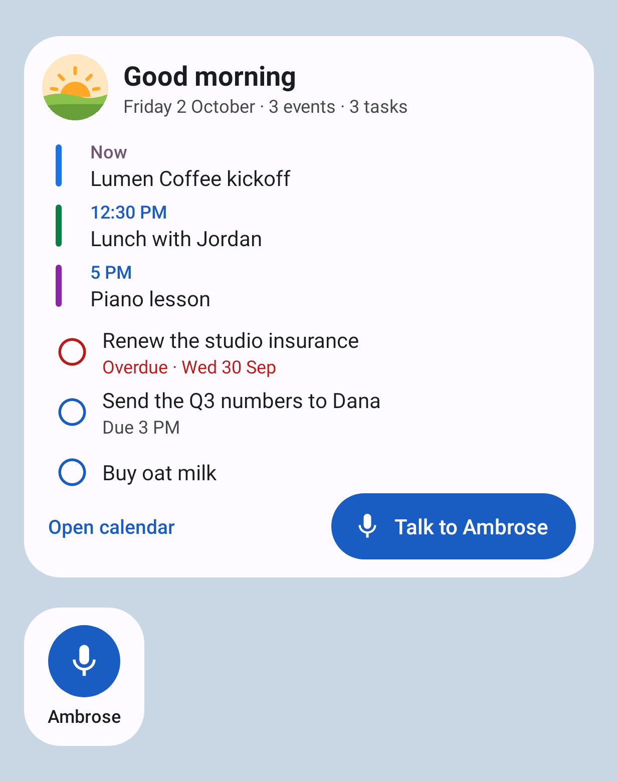 The Today widget and the 1×1 Talk to Ambrose widget on a home screen