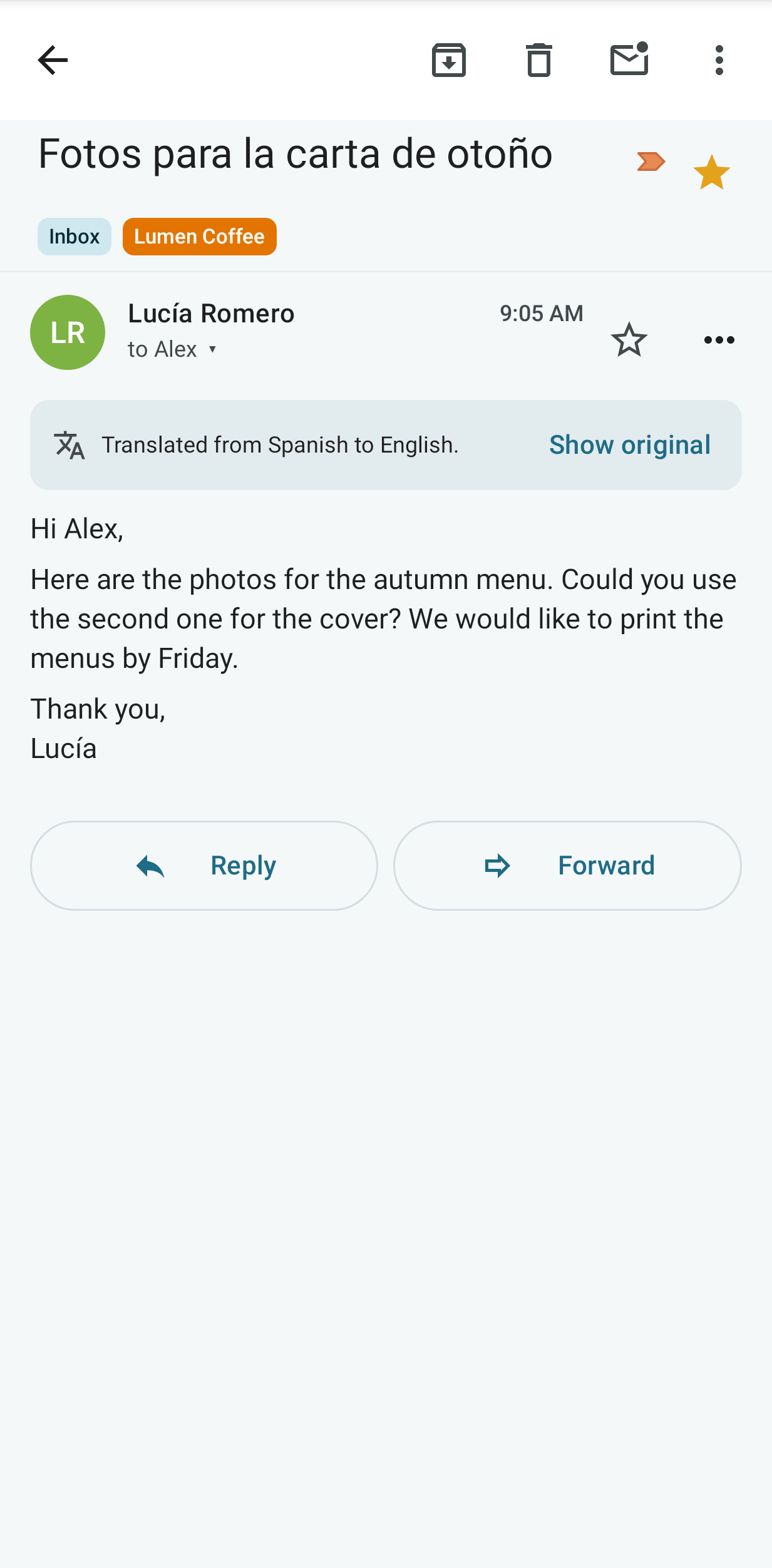 A message translated from Spanish in the Android reader