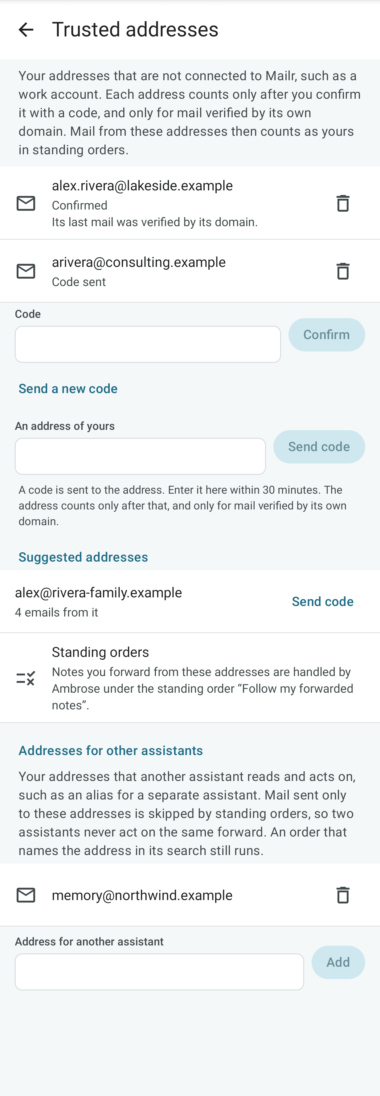 Trusted addresses on a phone: two addresses, a suggestion, and an address for another assistant