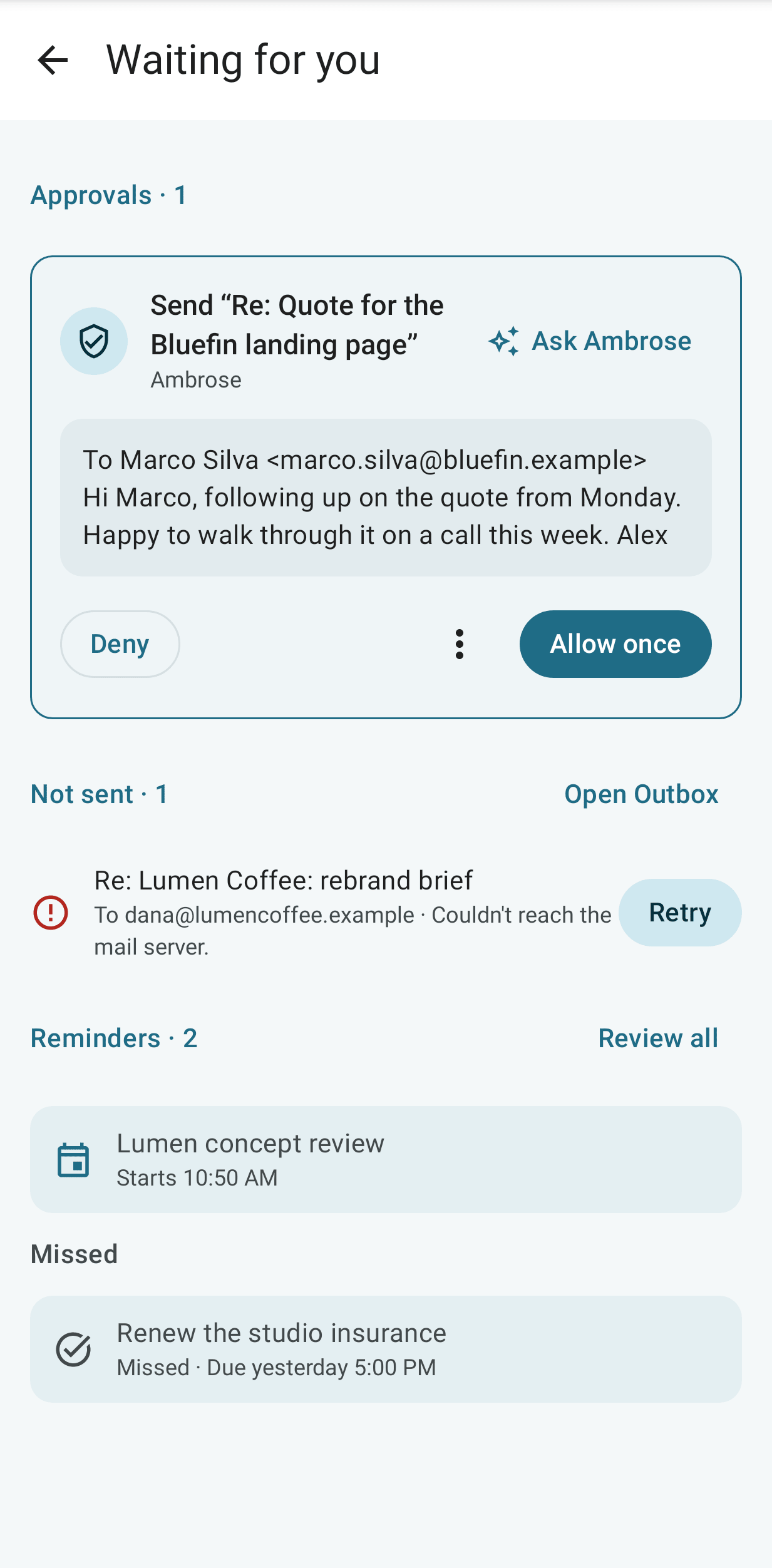 Waiting for you on Android: an approval, a message not sent and two reminders