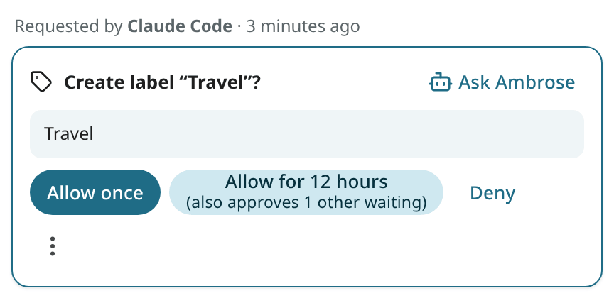 An approval card for "Create label Travel" from Claude Code, whose grants say they also approve 1 other waiting request