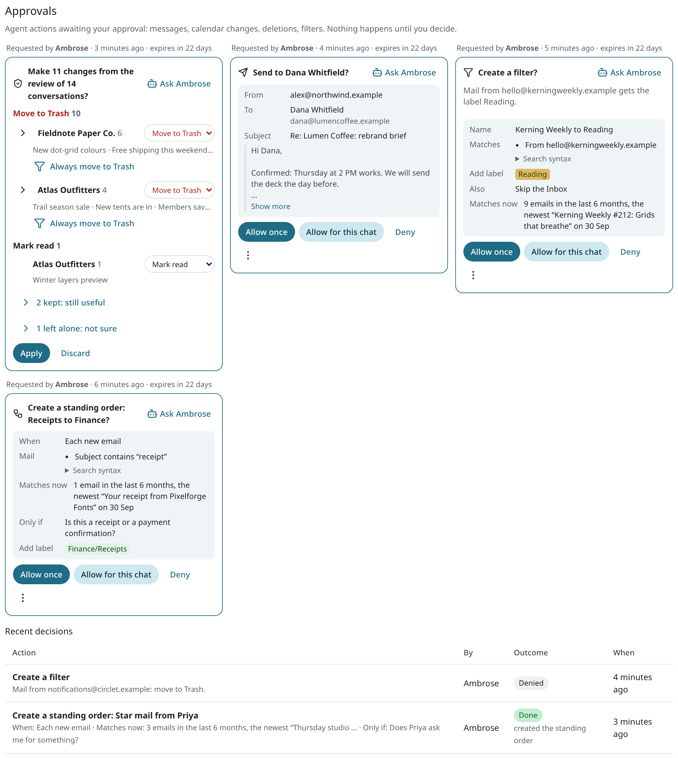 The approvals list in Settings, with pending actions and recent decisions